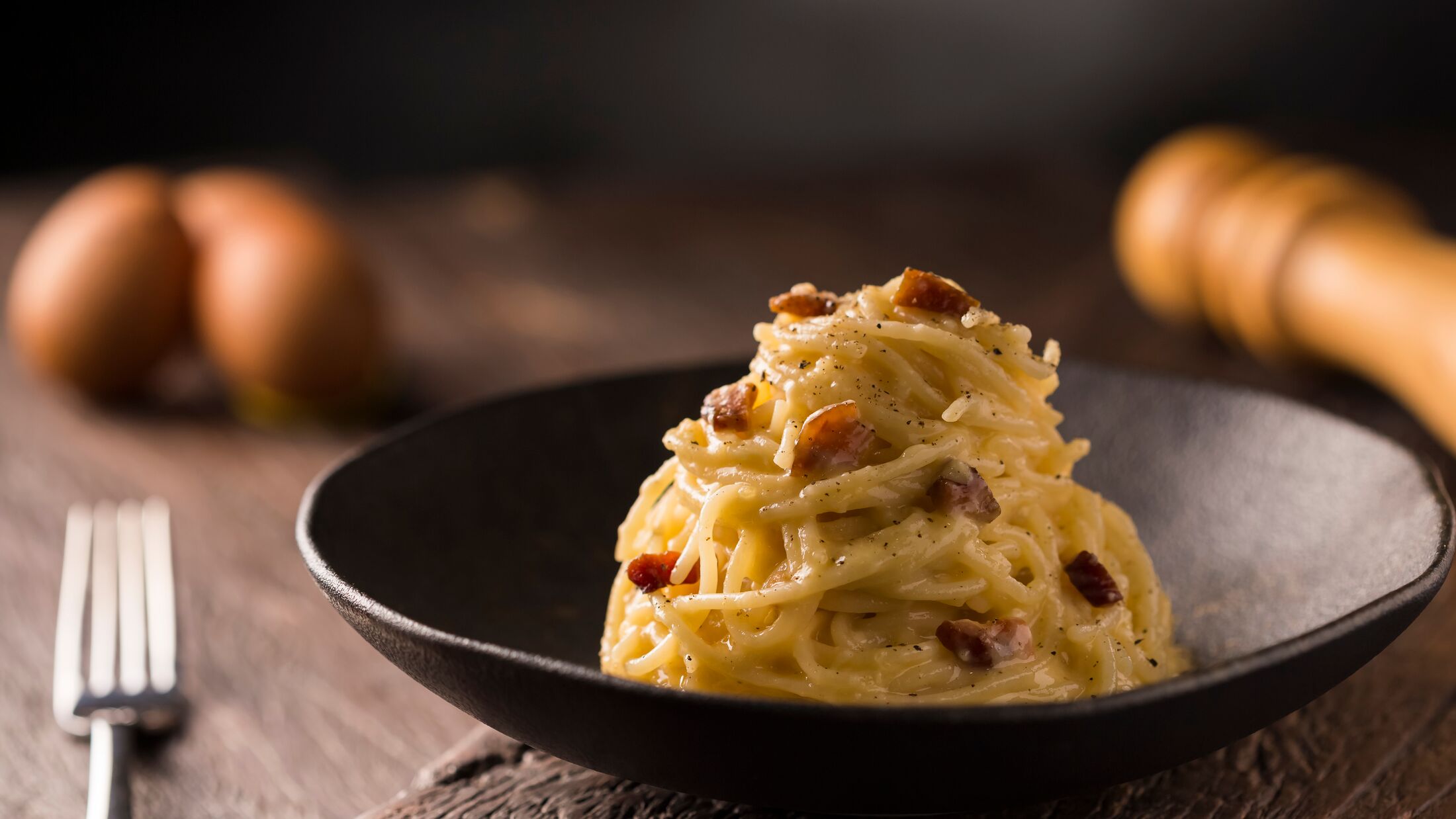 Homemade carbonara pasta. Italian traditional pasta (image with selective focus).