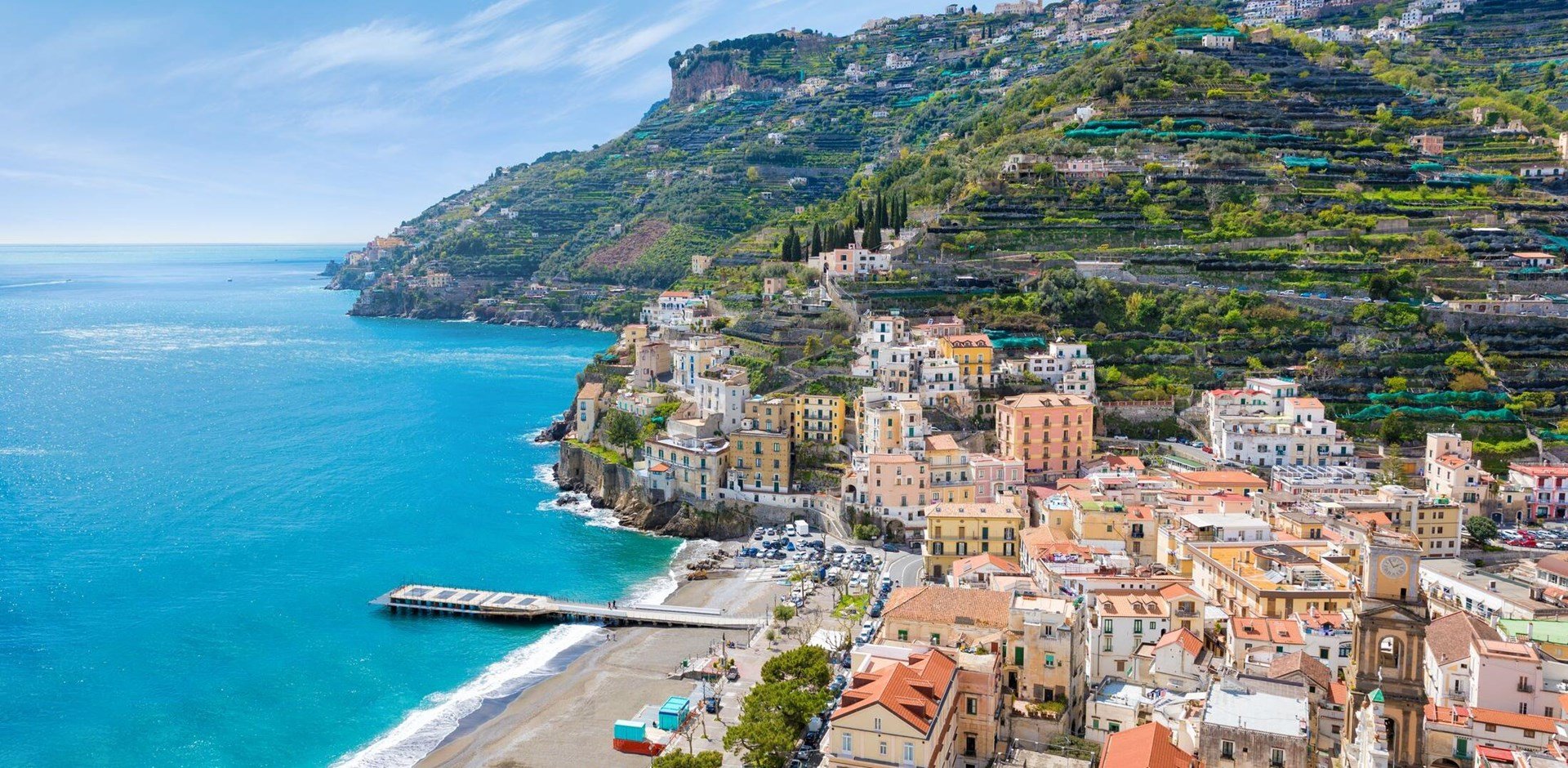 Aerial view of Minori, seaside town at centre of Amalfi Coast, province of Salerno, in Campania region of Southern Italy.