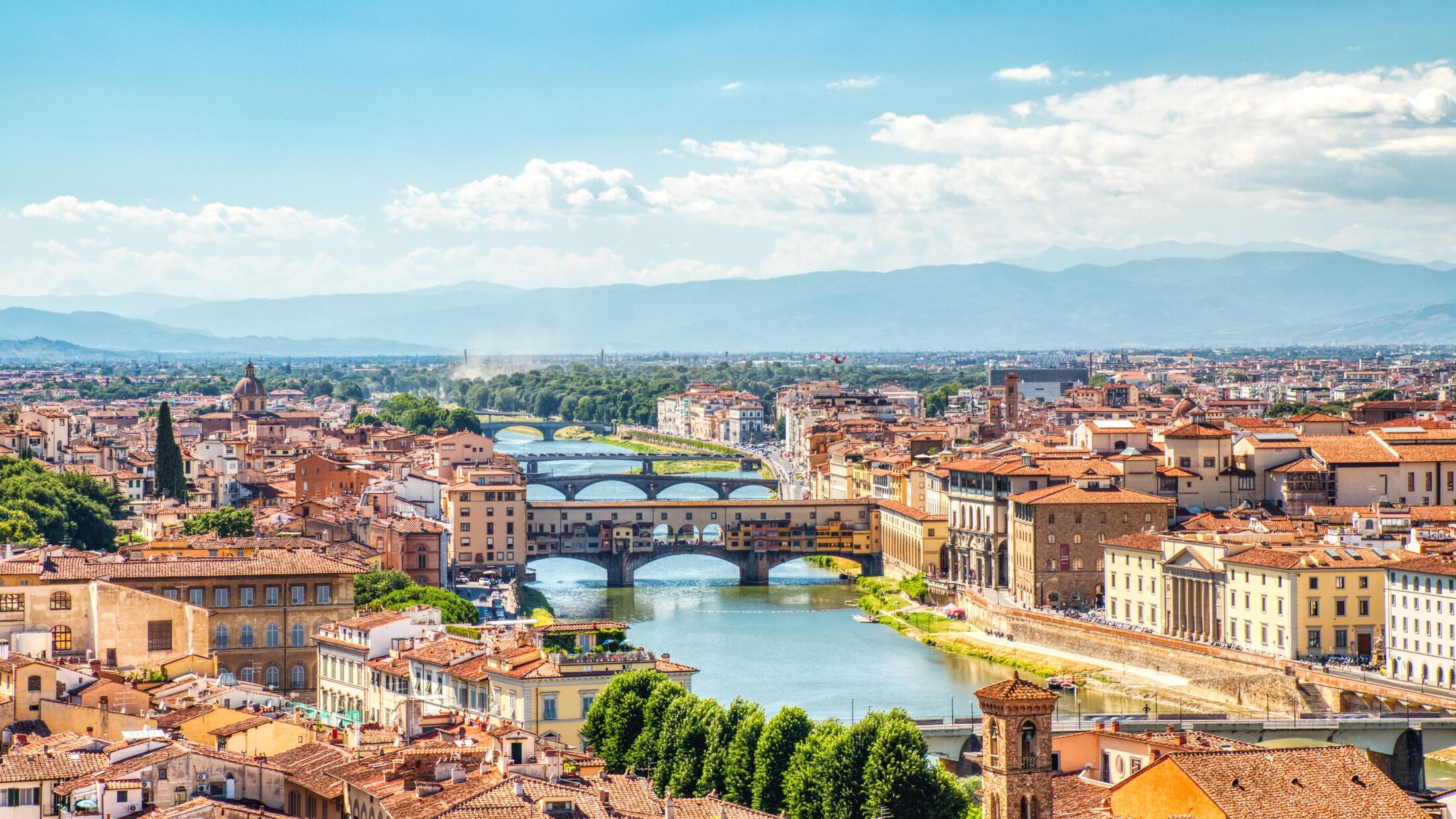 Florence Aerial View of Ponte Vecchio Bridge during Beautiful Sunny Day, Italy