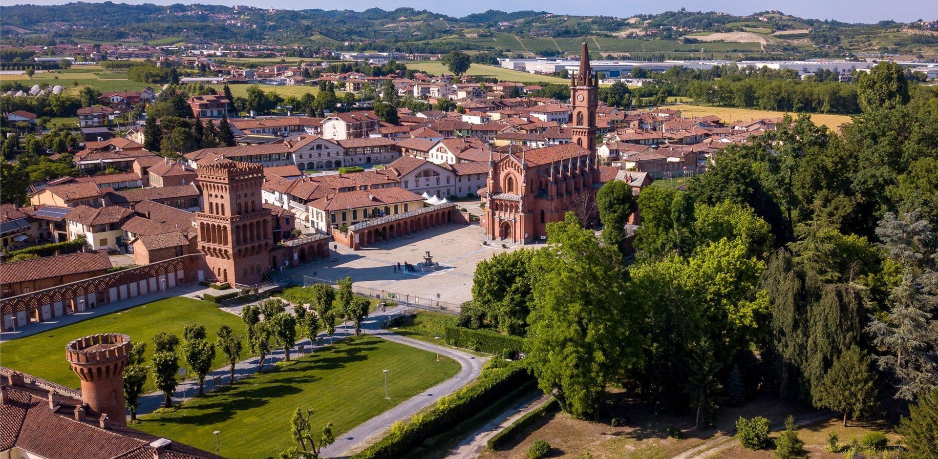 aerial view of Pollenzo, Bra, Cuneo, Piedmont, Italy