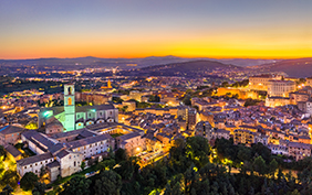 Aerial view of San Domenico Basilica in Perugia, Italy at sunset