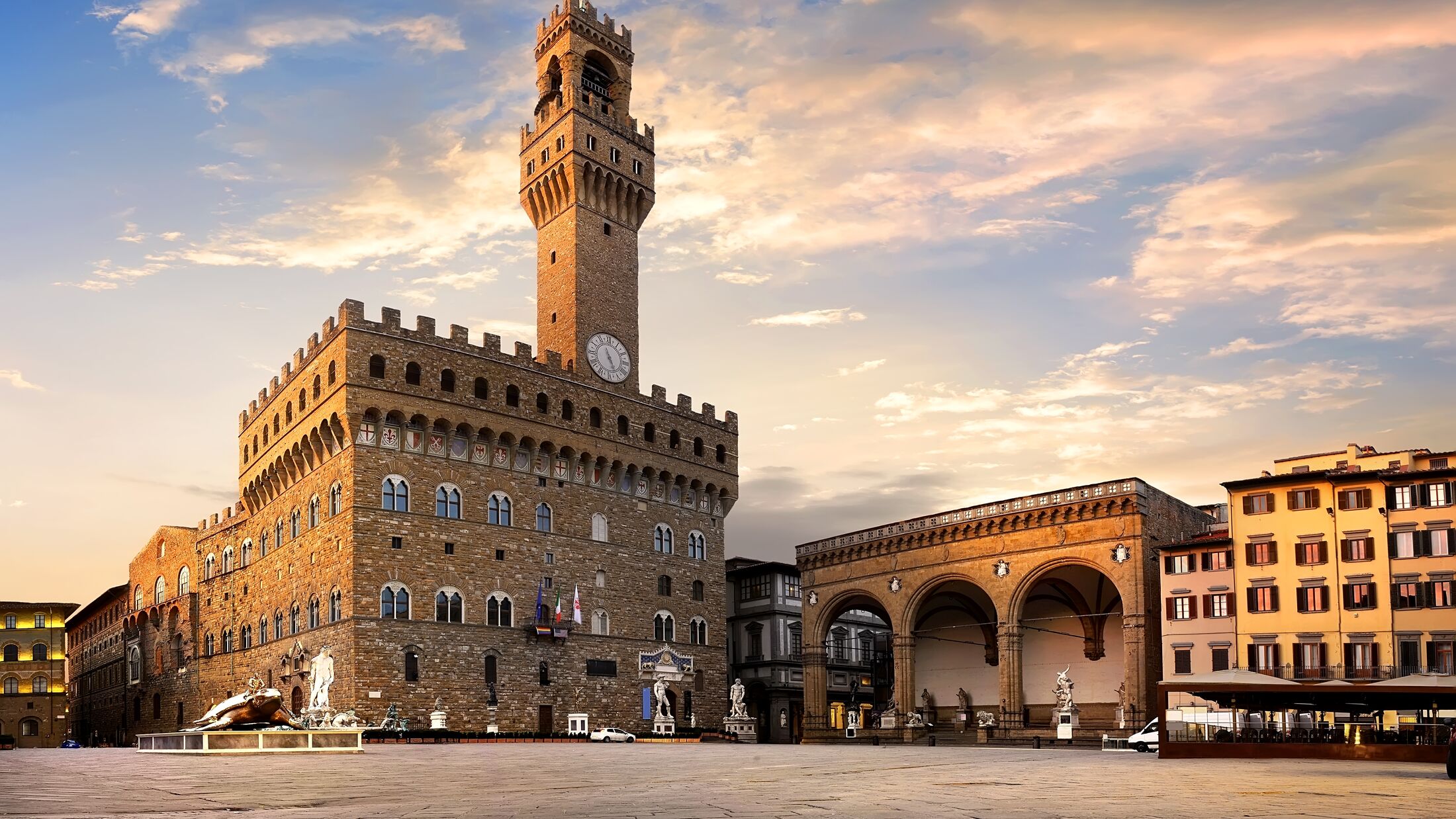 Square of Signoria in Florence at sunrise, Italy