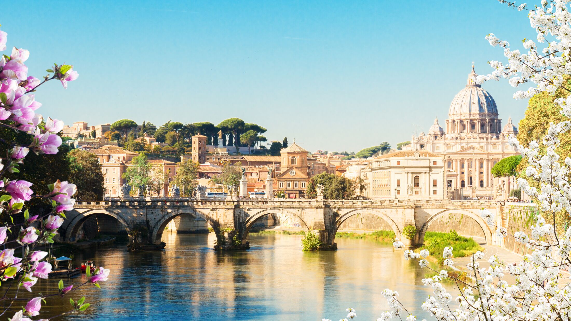 St. Peter's cathedral over bridge and river in Rome at spring day, Italy