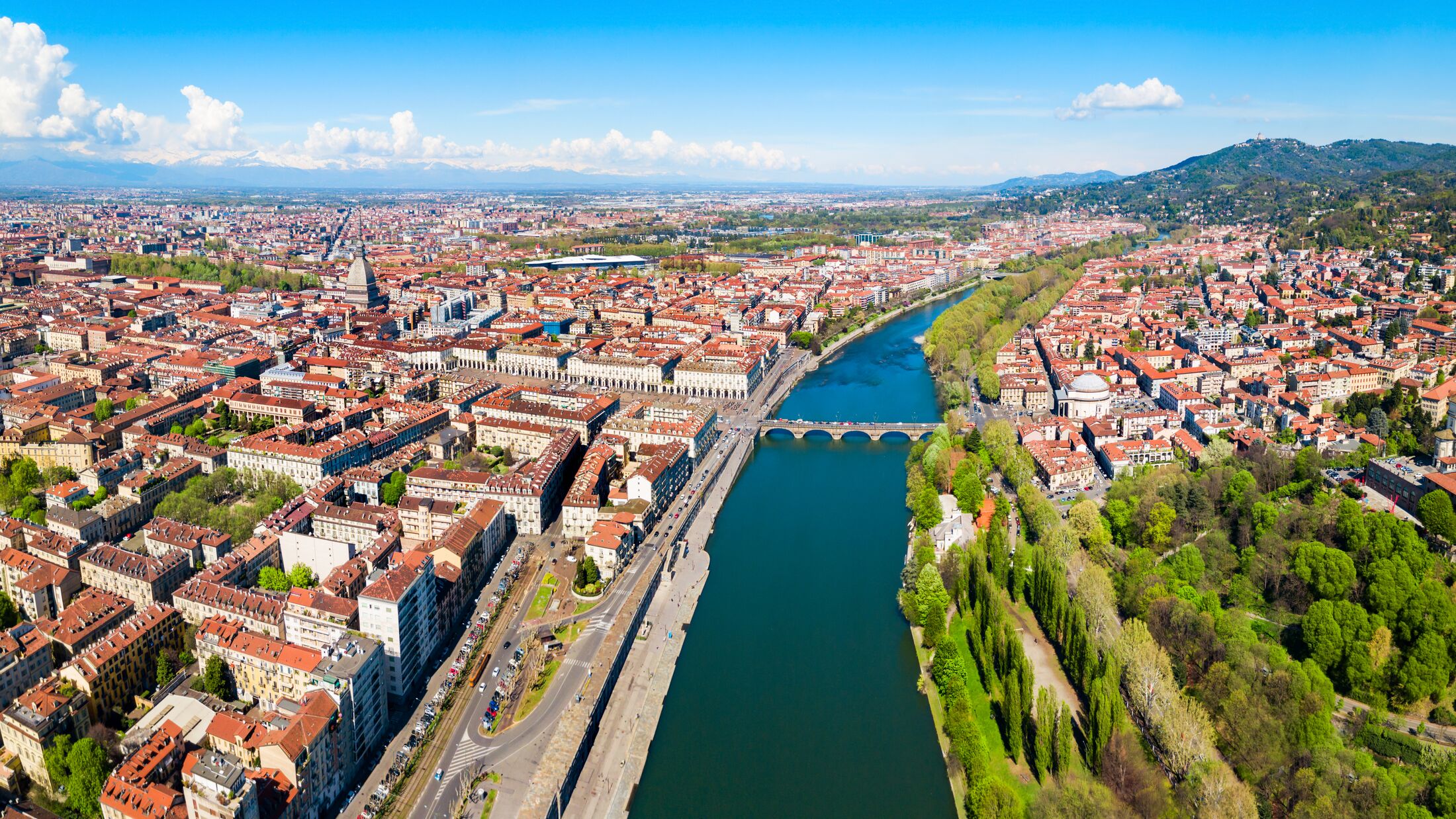 The Po river aerial panoramic view in the centre of Turin city, Piedmont region of Italy