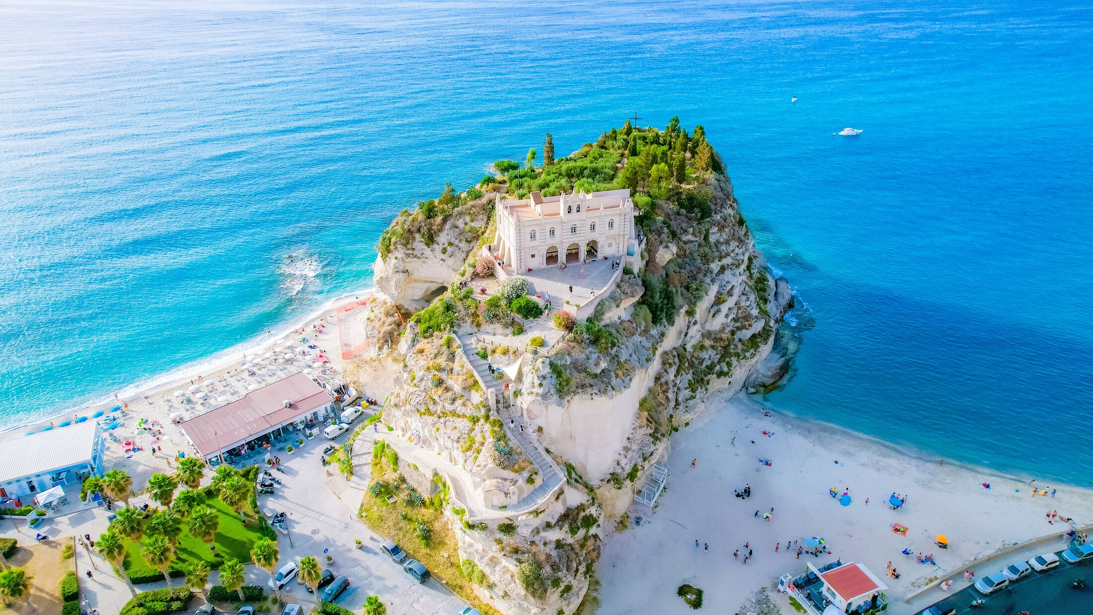 Tropea, Calabria, Italy. Church of Santa Maria dell'Isola. Monastery and coastline with azure crystal-clear water