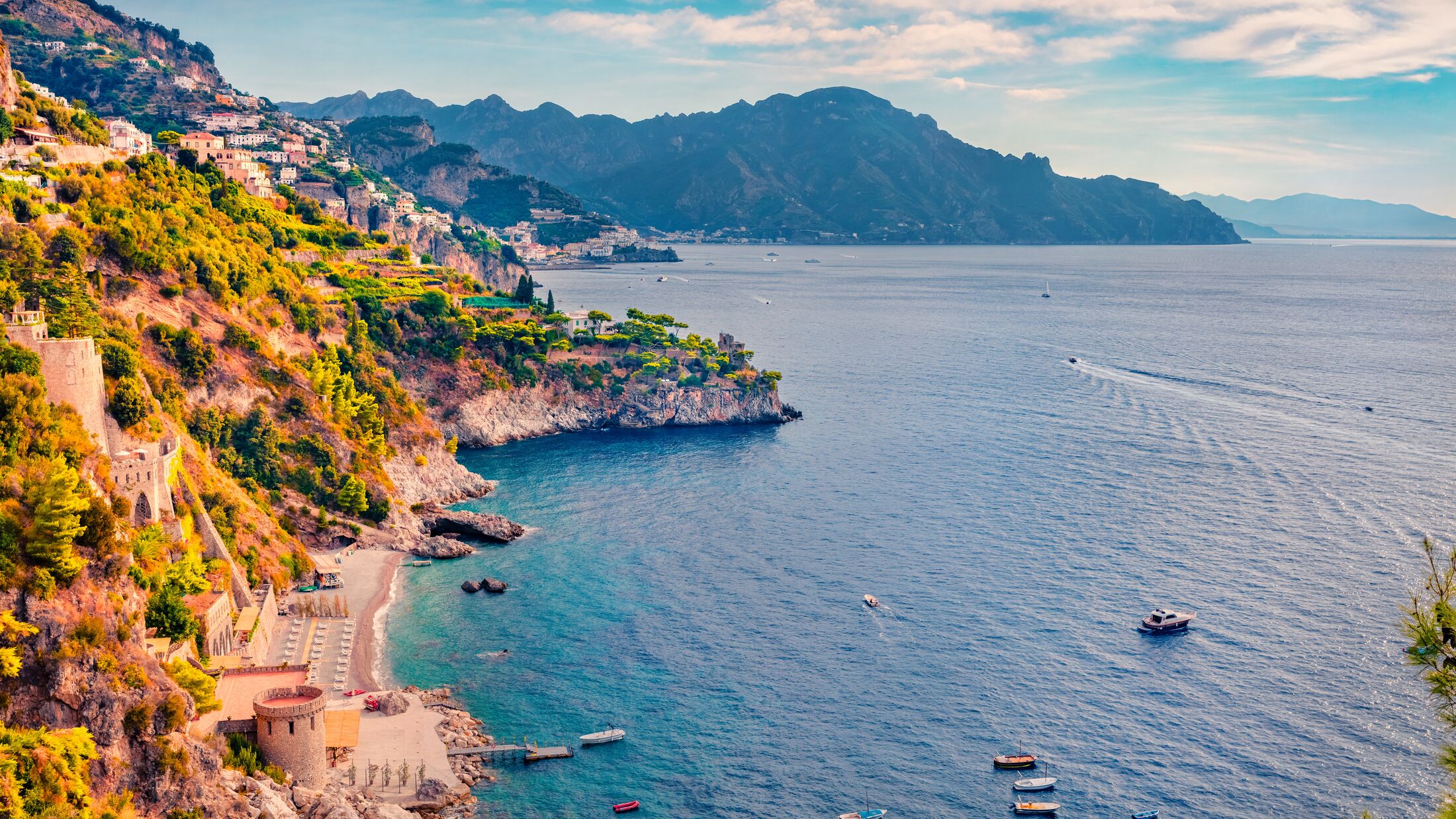 Aerial summer cityscape of Conca dei Marini town, province of Salerno in the Campania region of south-western Italy, Europe. Adorable Mediterranean seascpe. Traveling concept background.