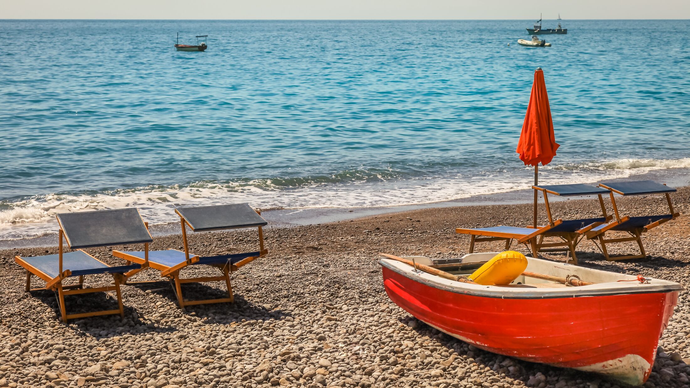 Positano beach at sunny day, Amalfi coast of Italy, Southern Europe