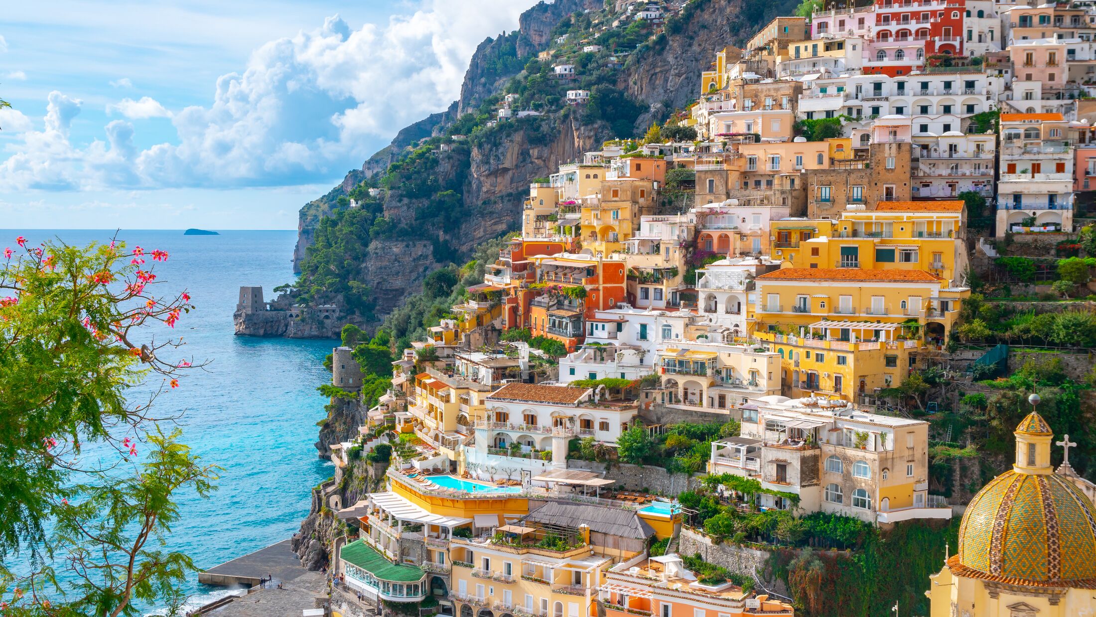 Beautiful Landscape with Positano town at famous amalfi coast, Italy