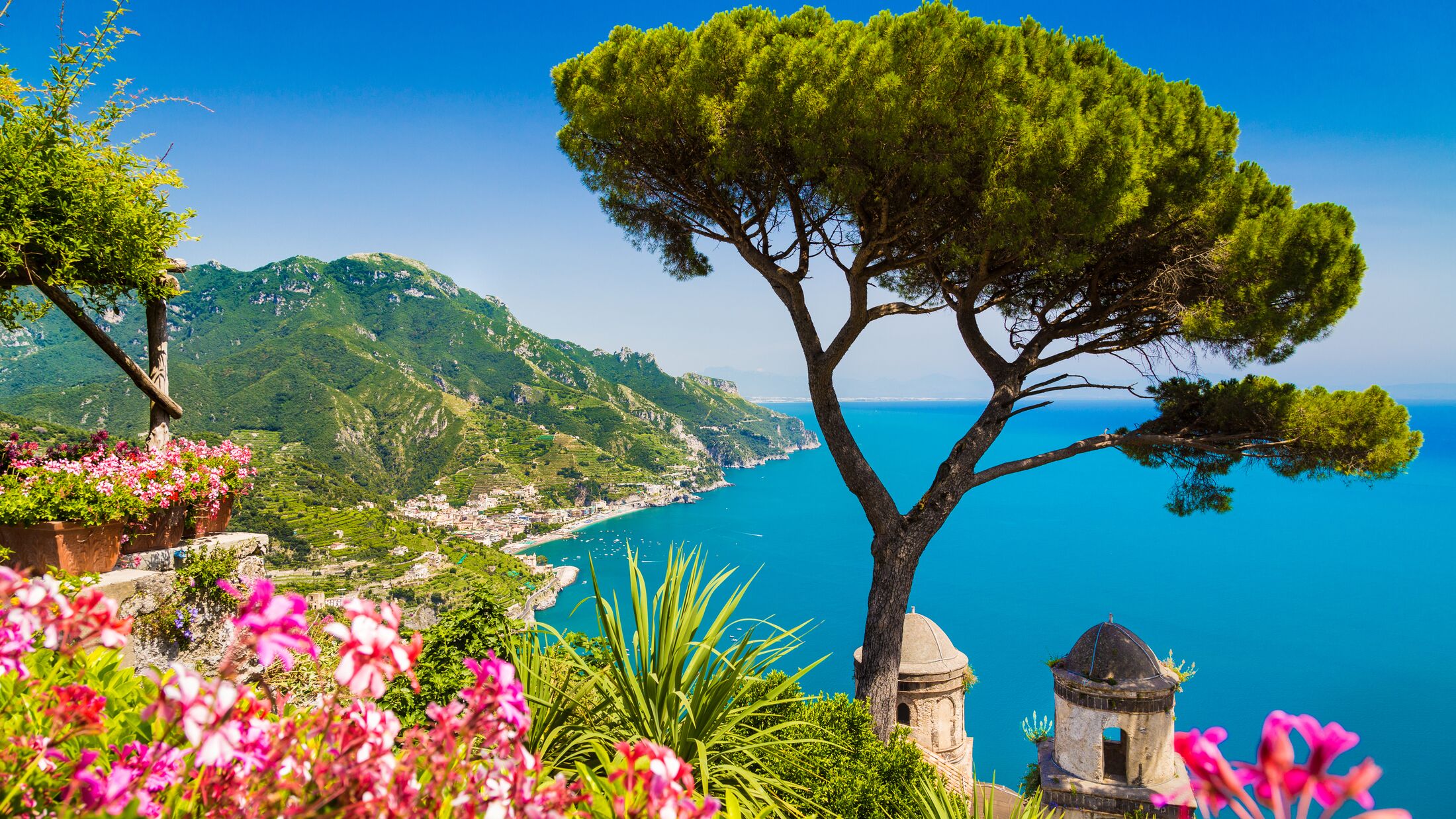 Scenic picture-postcard view of famous Amalfi Coast with Gulf of Salerno from Villa Rufolo gardens in Ravello, Campania, Italy