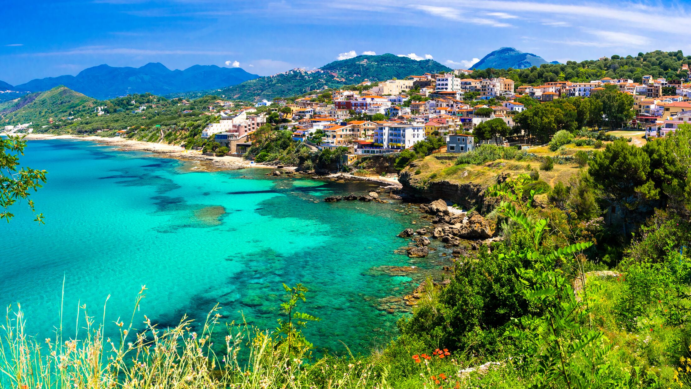 Italian summmer holidays. beautiful seaside hiltown Palinuro with amazing beaches in Campania region.  Best resorts of Italy