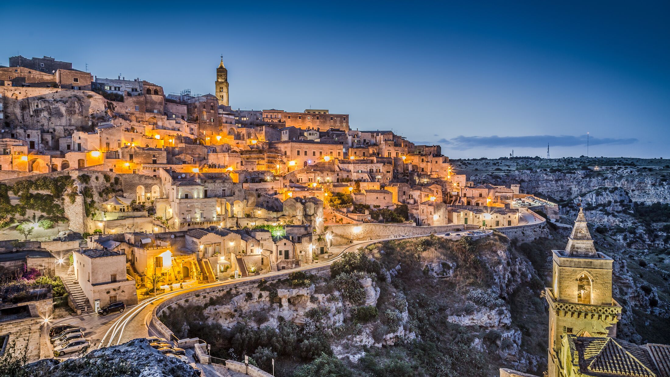 Ancient town of Matera (Sassi di Matera) at dusk, Basilicata, southern Italy