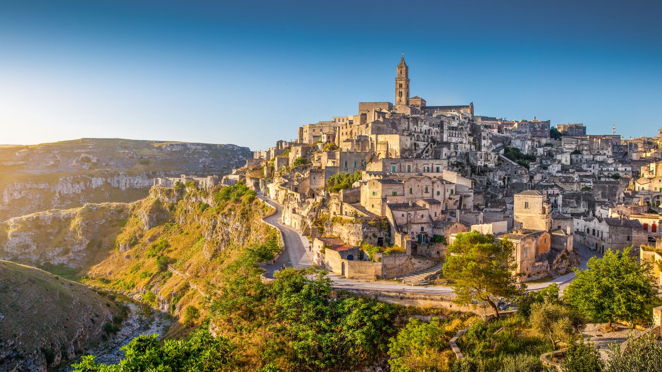 Panoramic view of ancient town of Matera (Sassi di Matera) at sunrise, Basilicata, southern Italy