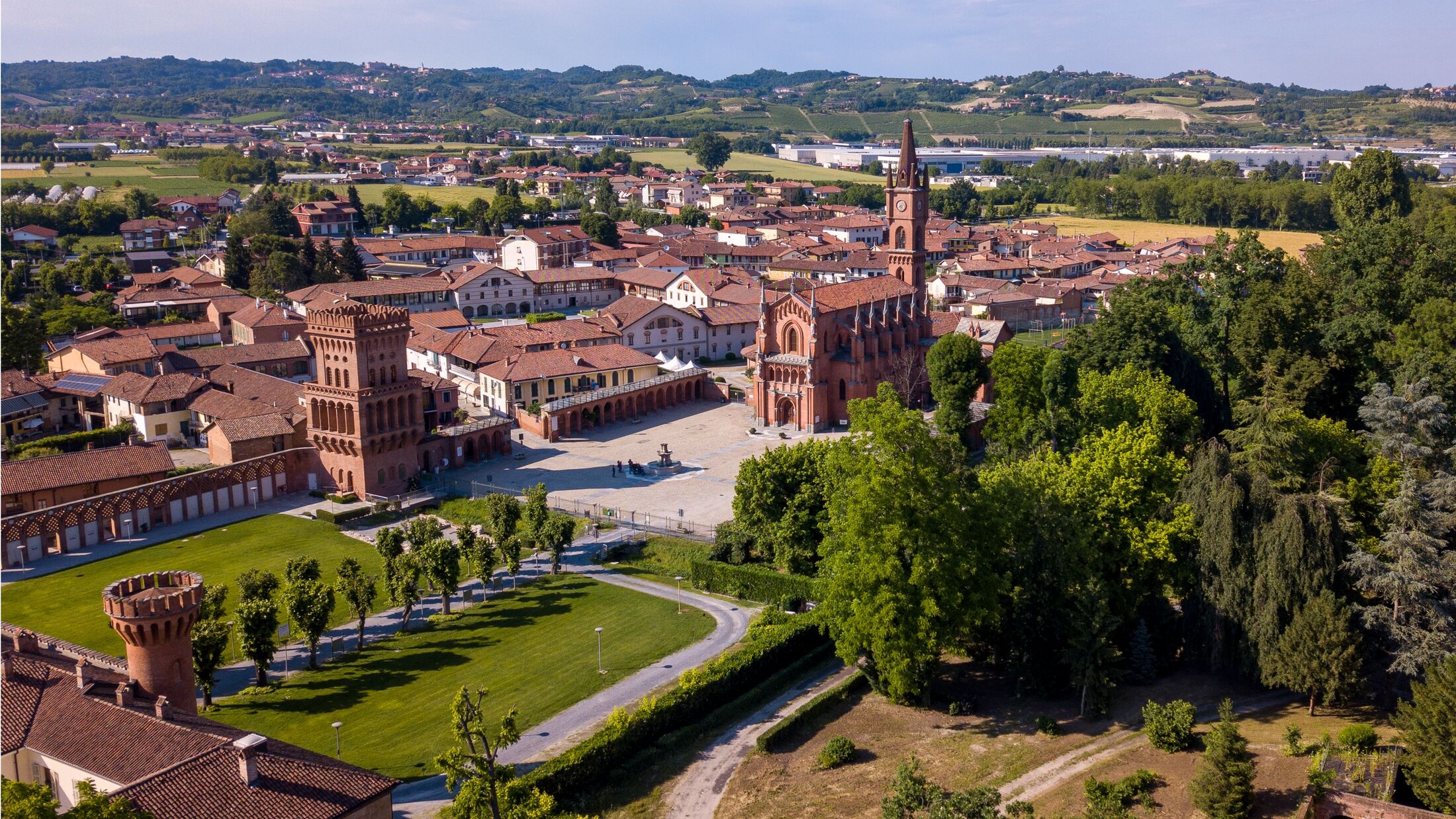 aerial view of Pollenzo, Bra, Cuneo, Piedmont, Italy
