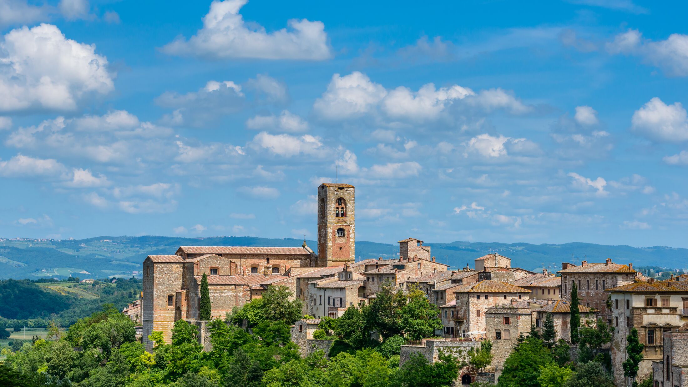 Colle di Val d'Elsa, Tuscany / Italy: Colle di Val d'Elsa Cathedral (Concattedrale dei Santi Alberto e Marziale or Duomo di Colle di Val d'Elsa) and houses of the upper town of Colle Alta.