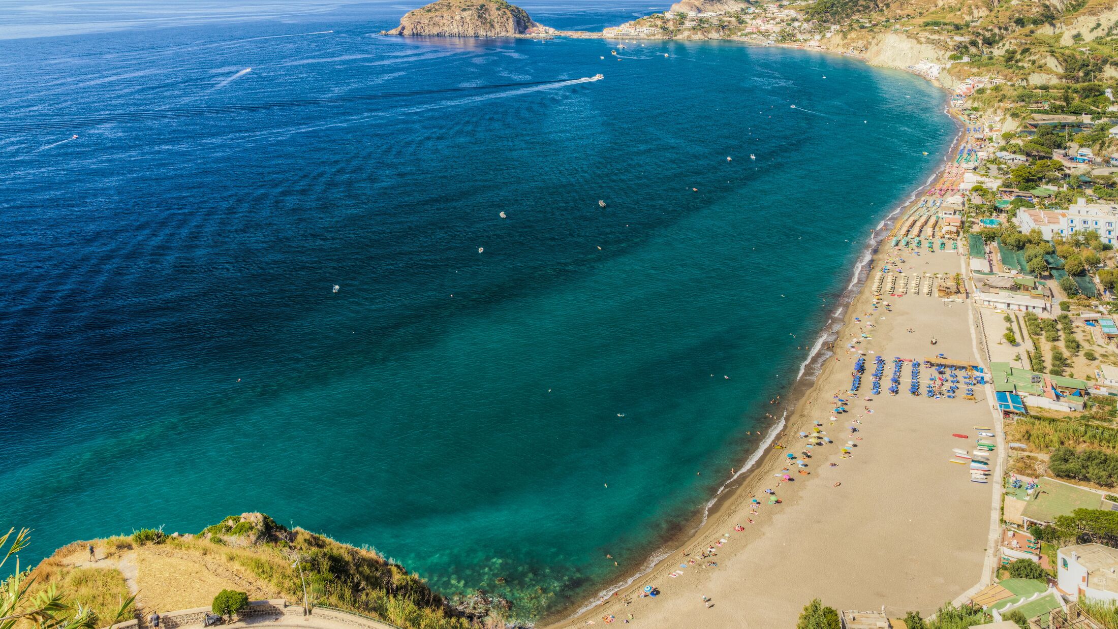 Beautiful panoramic view of Maronti beach, one of the most popular beaches on Ischia island, Italy