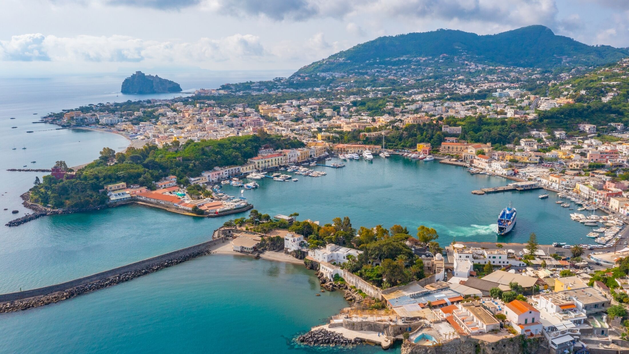 Aerial view of Porto d'Ischia town at Ischia island, Italy.