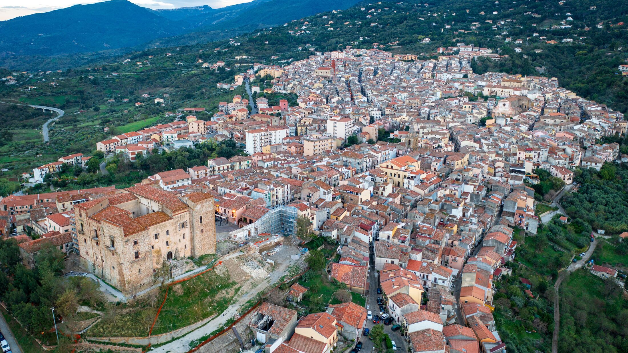 Aerial view of town and castle, Castelbuono, Sicily, Italy