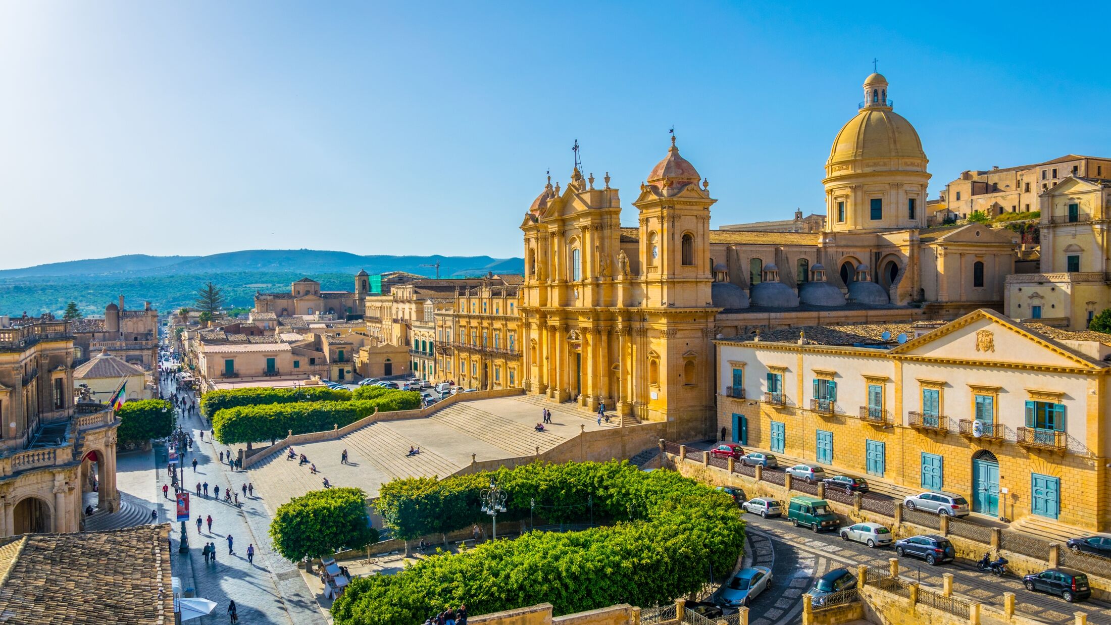 Aerial view of Noto including Basilica Minore di San Nicolò and Palazzo Ducezio, Sicily, Italy