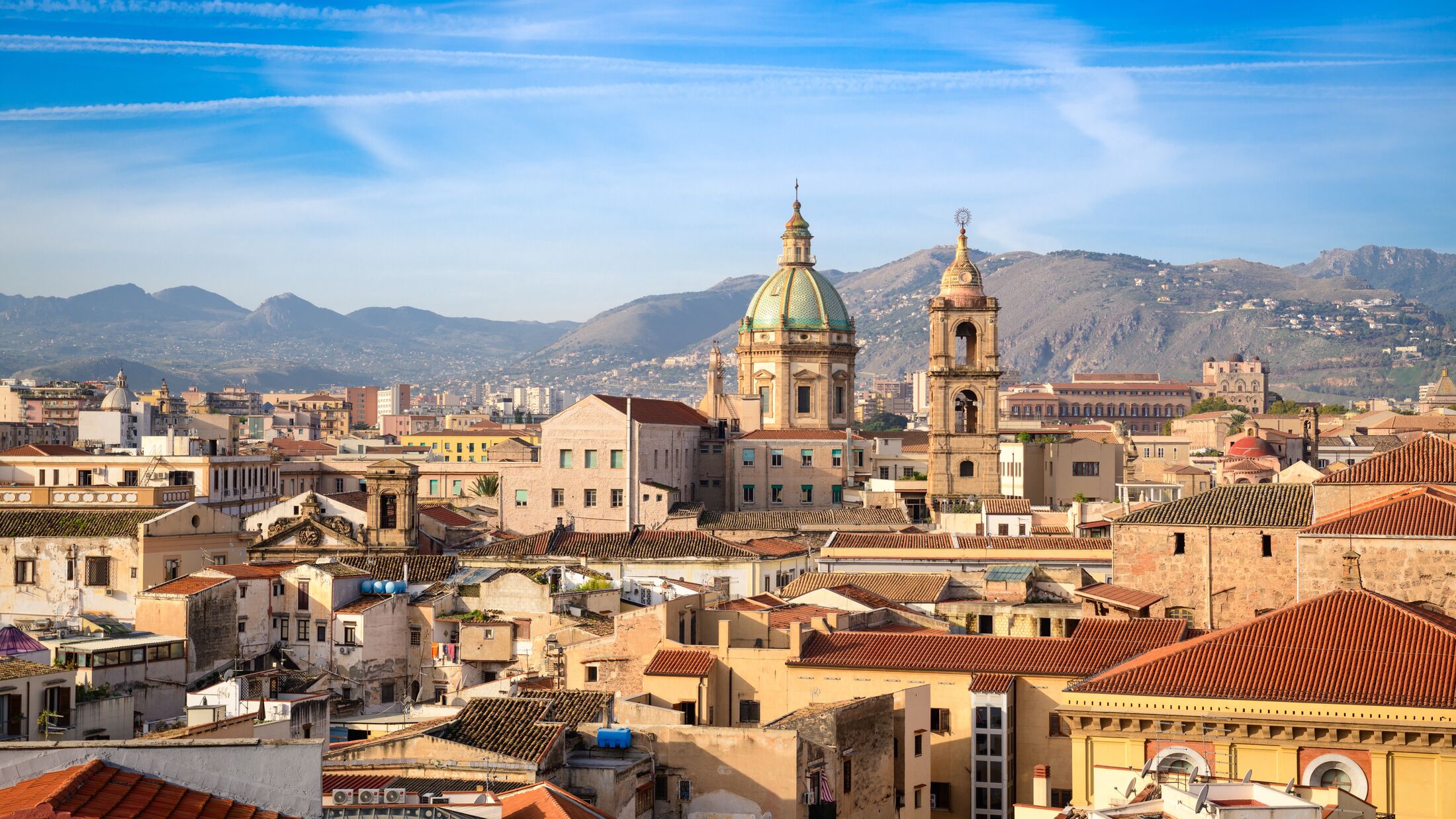Palermo, Sicily town skyline with landmark towers in the morning.