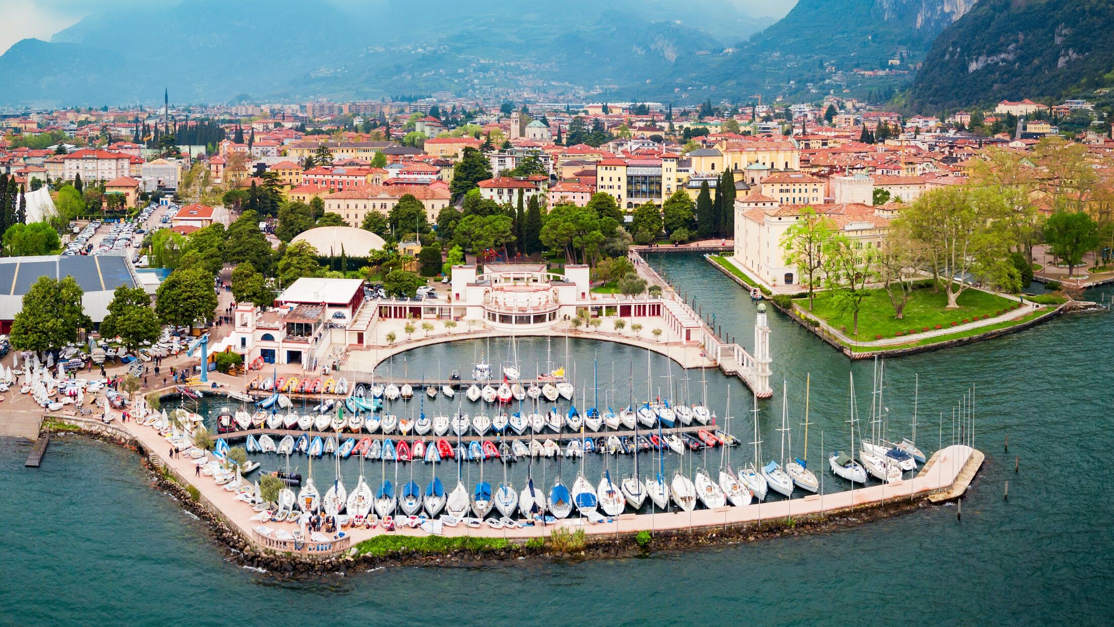 Riva del Garda port aerial panoramic view. Riva is a town at the northern tip of the Lake Garda in the Trentino Alto Adige region in Italy.