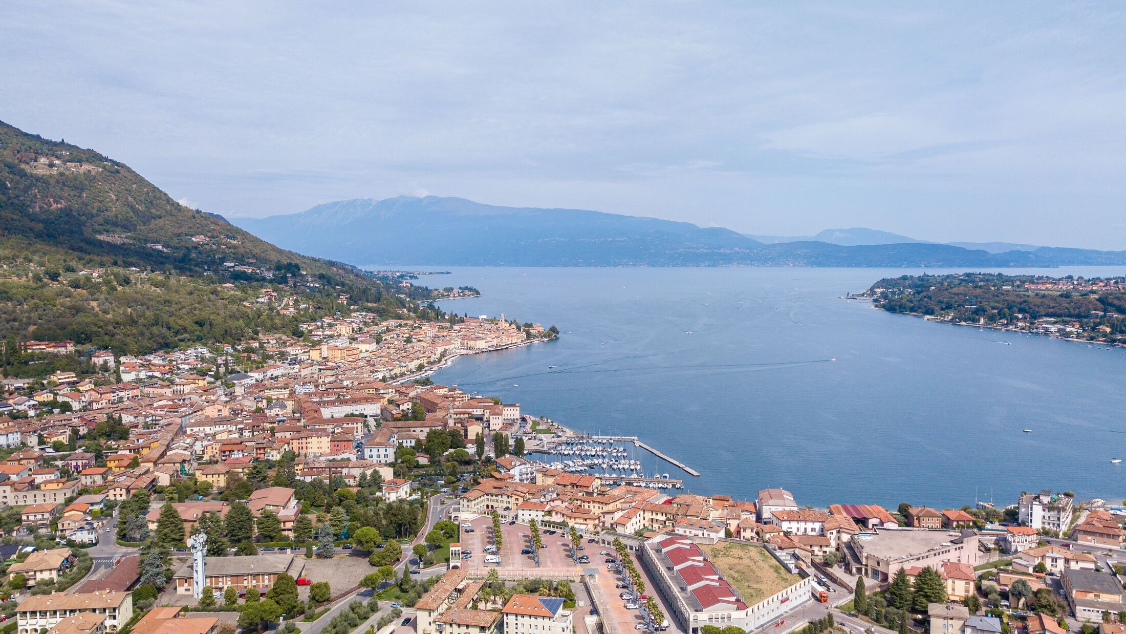 An aerial view of Salo city on Lake Garda with houses in the morning