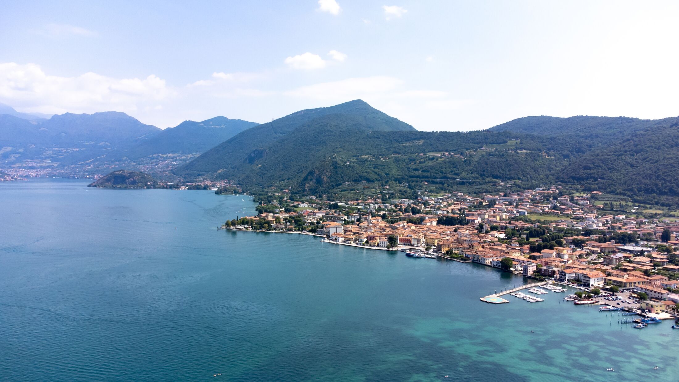 Lake Iseo at Daytime. Drone shot. Blue lake