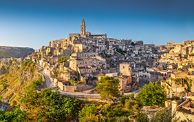 Panoramic view of ancient town of Matera (Sassi di Matera) at sunrise, Basilicata, southern Italy