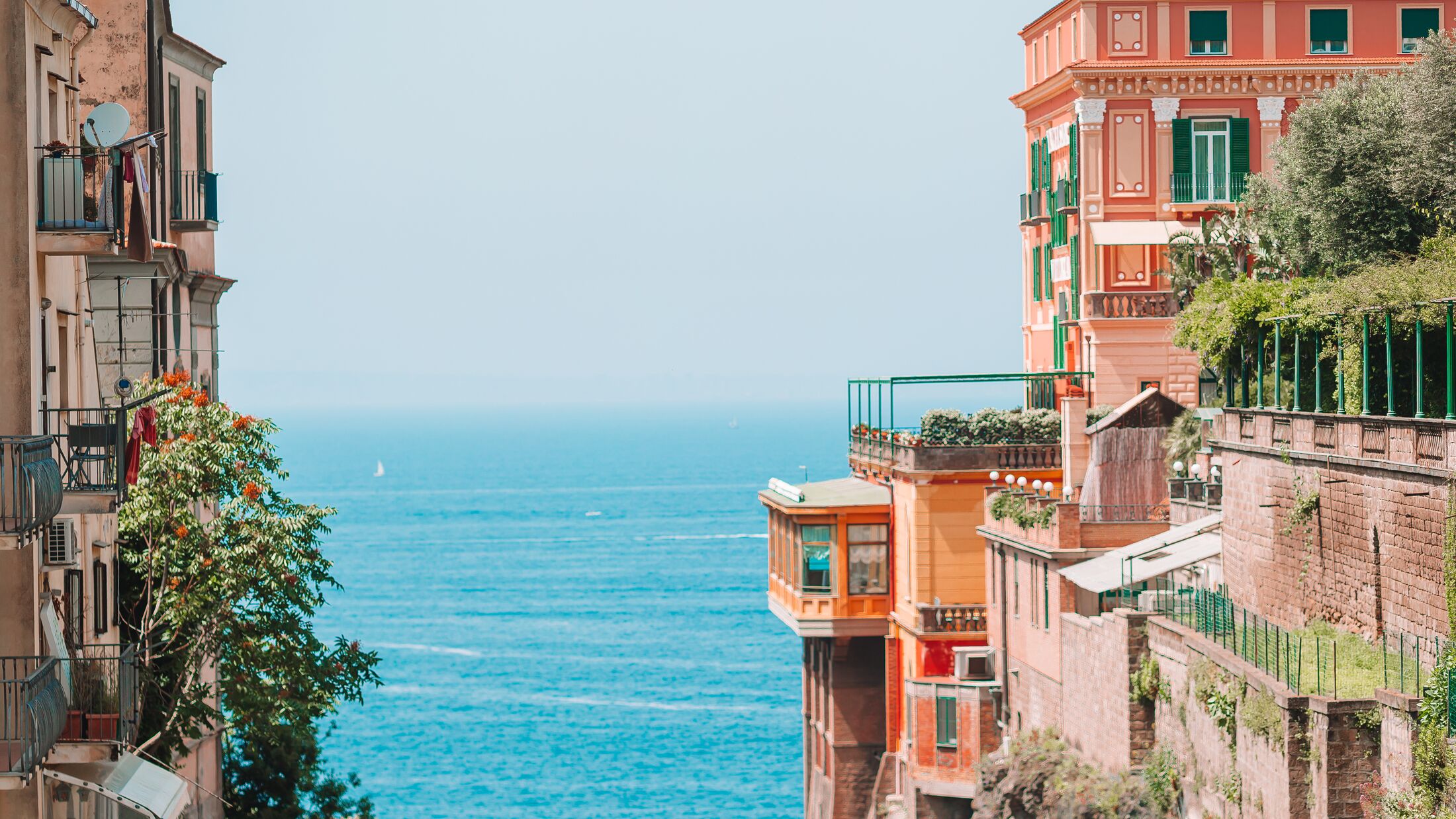 View of the street in Sorrento, Italy. Sorrento beautiful way to the sea between the rock