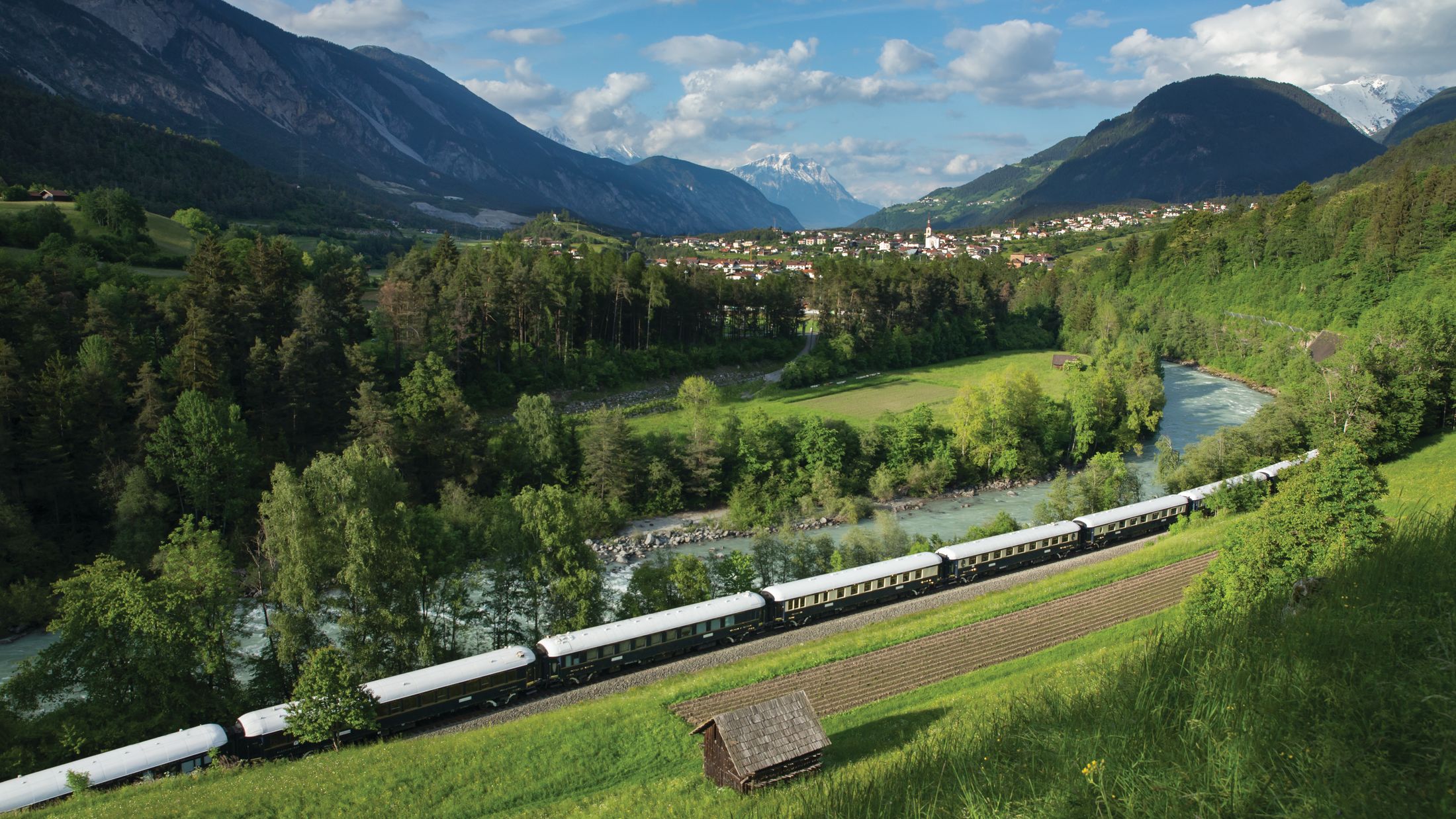 the Venice Simplon Orient Express passing through near Roppen, Austria