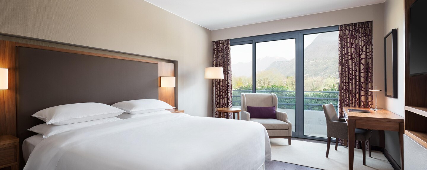 a bedroom with a large bed in a hotel room