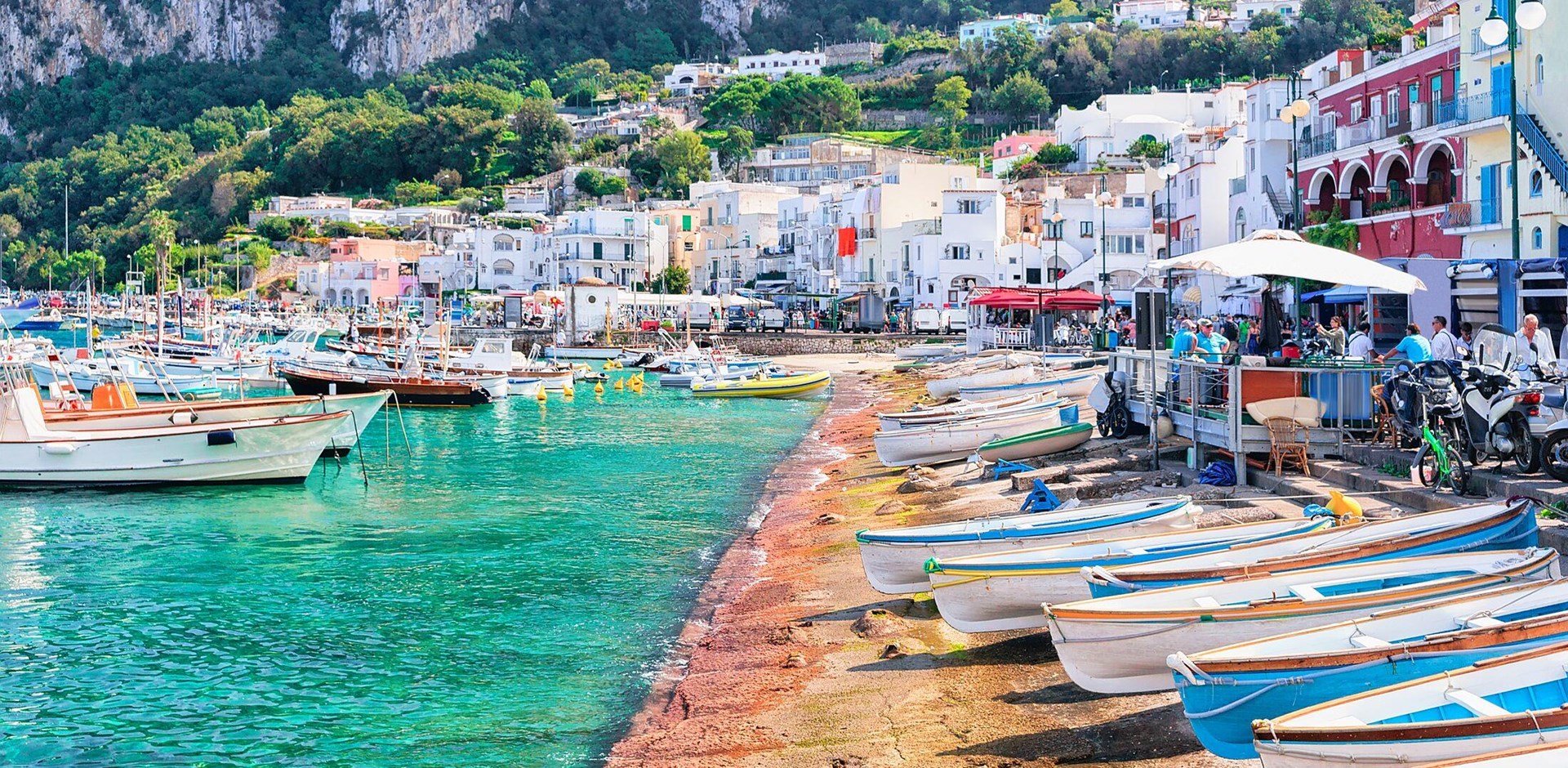 Boats at Marina Grande embankment in Capri Island in Tyrrhenian sea, Italy