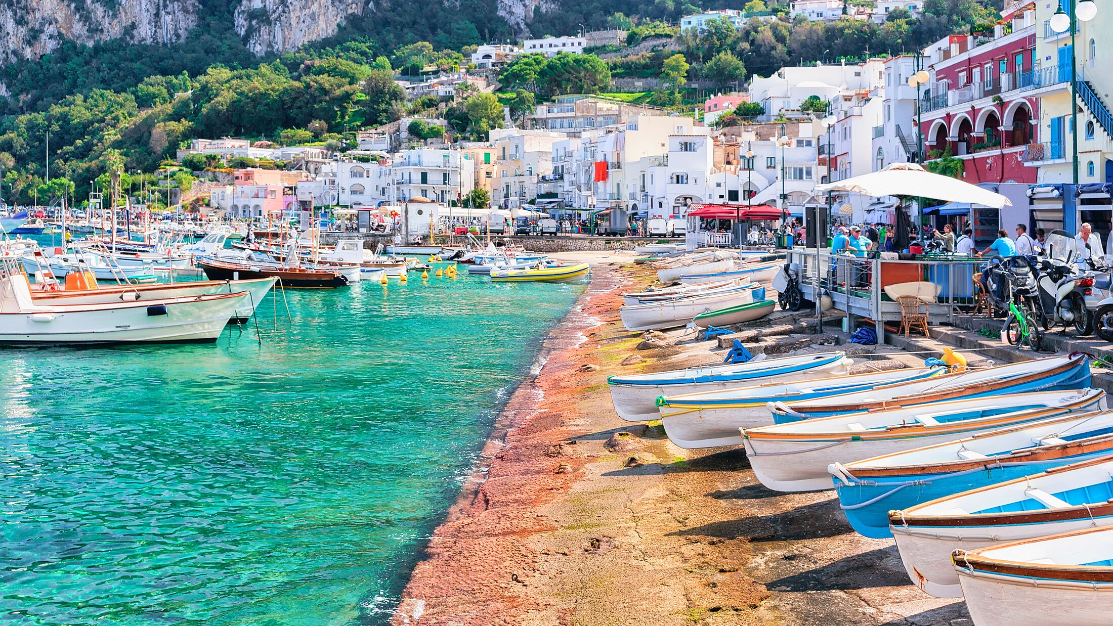 Boats at Marina Grande embankment in Capri Island in Tyrrhenian sea, Italy