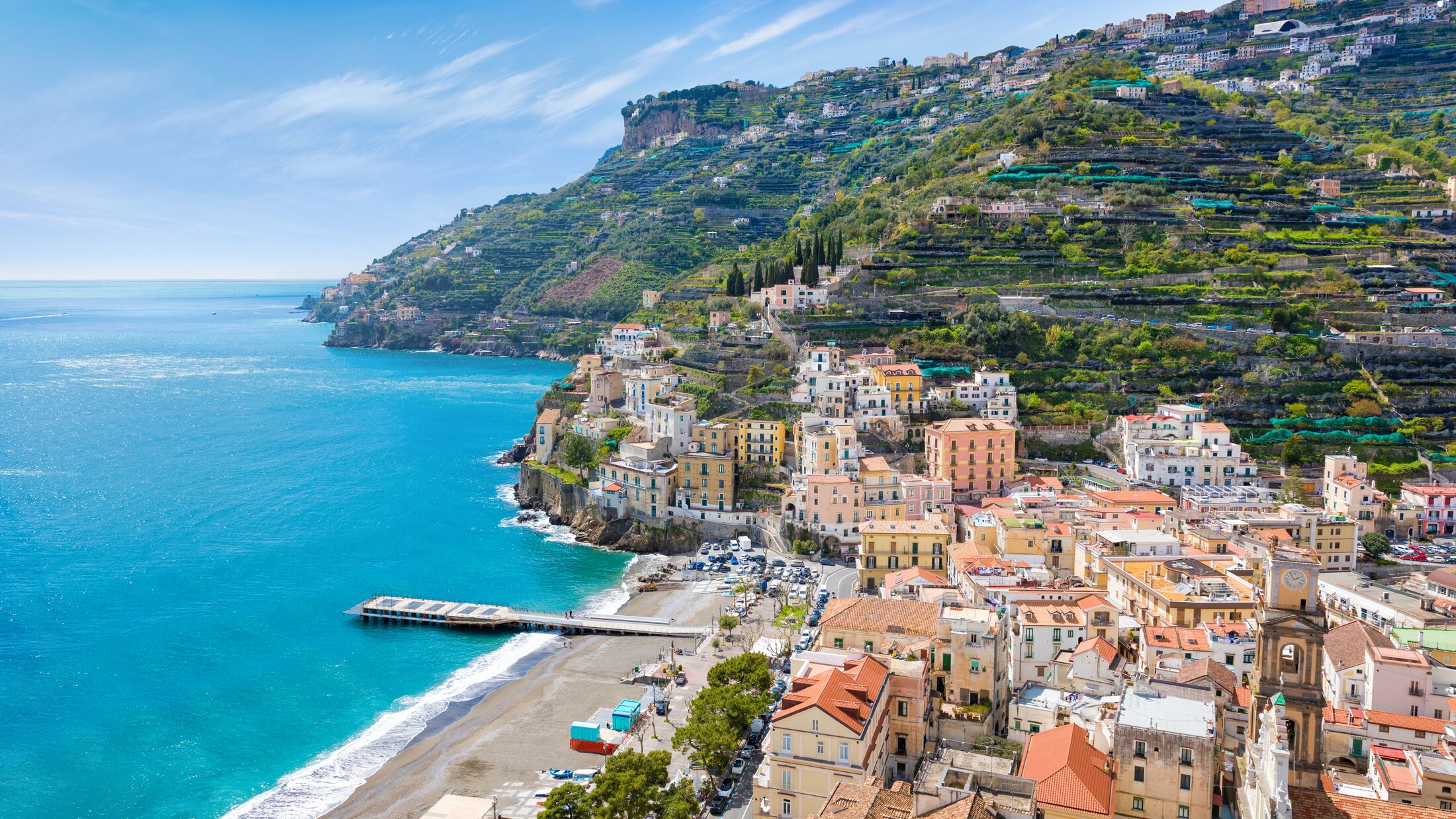 Aerial view of Minori, seaside town at centre of Amalfi Coast, province of Salerno, in Campania region of Southern Italy.