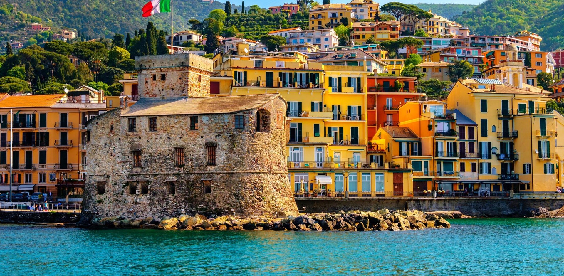 italian castle by the sea Castello di Rapallo in the italian riviera Portofino area - Genova - Liguria - Italy .