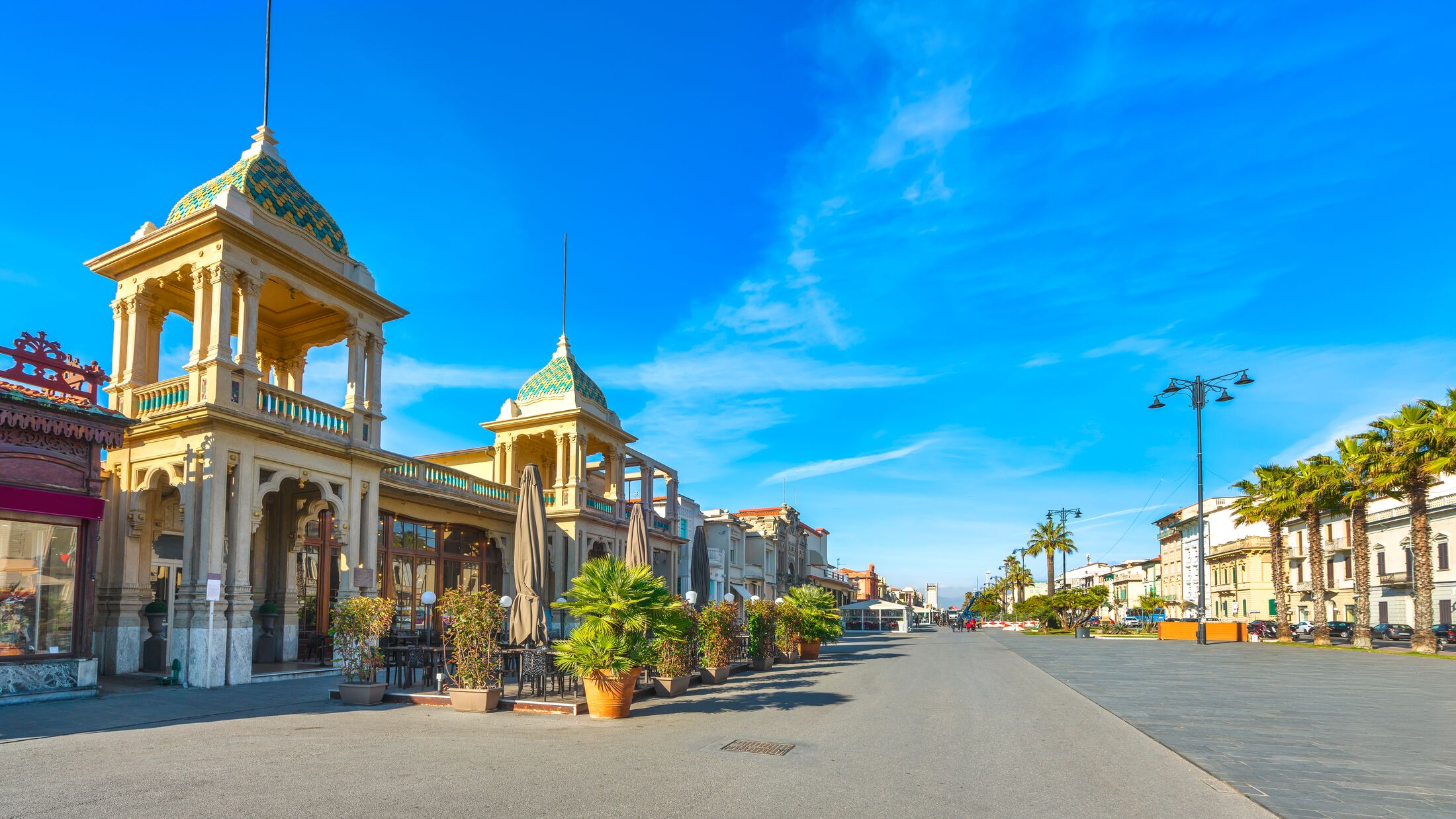 Famous Passeggiata a mare, seafront footpath promenade in Viareggio, Versilia, Lucca Tuscany, Italy Europe.