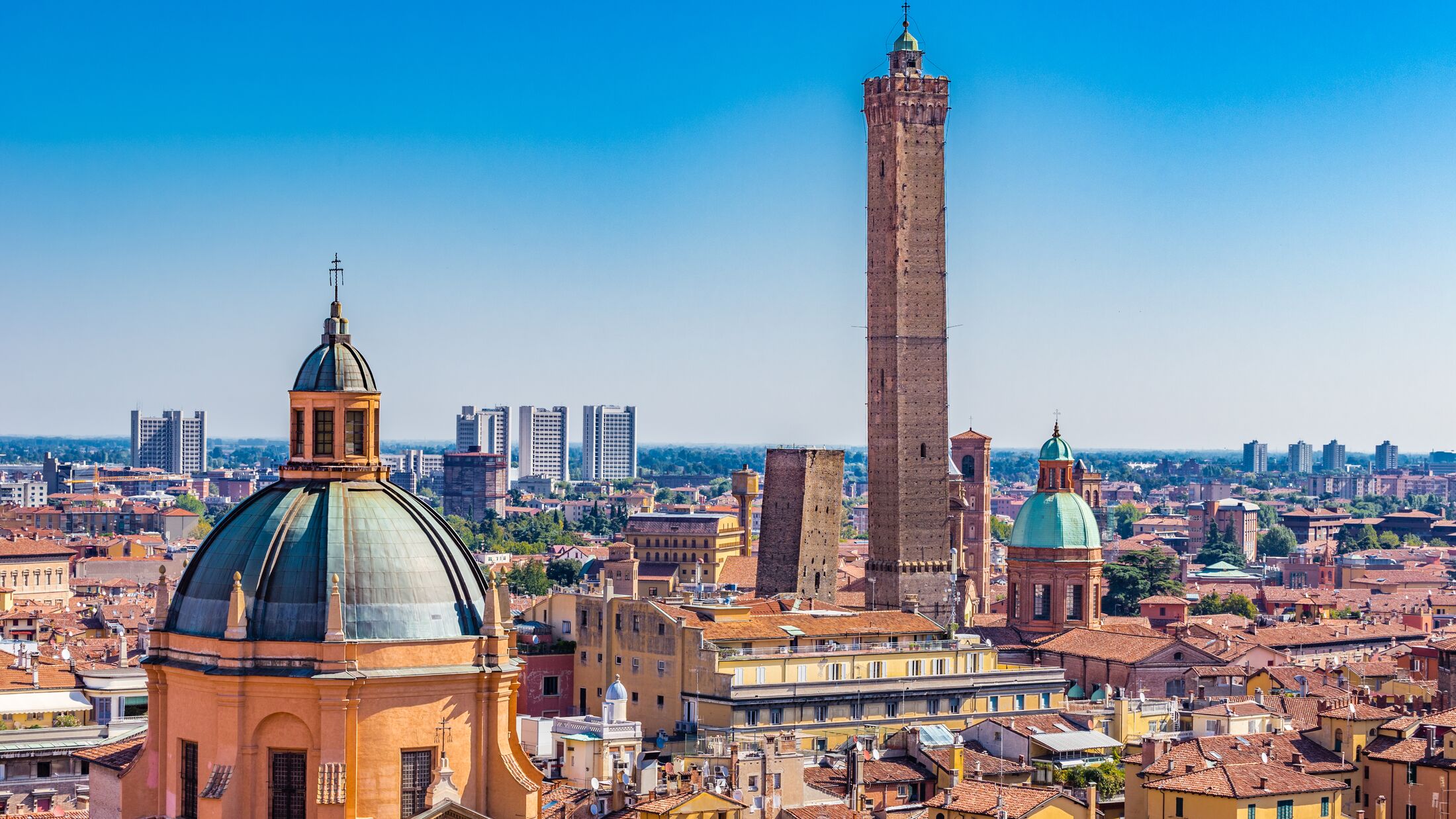 panoramic view of rooftops and buildings in Bologna, Italy