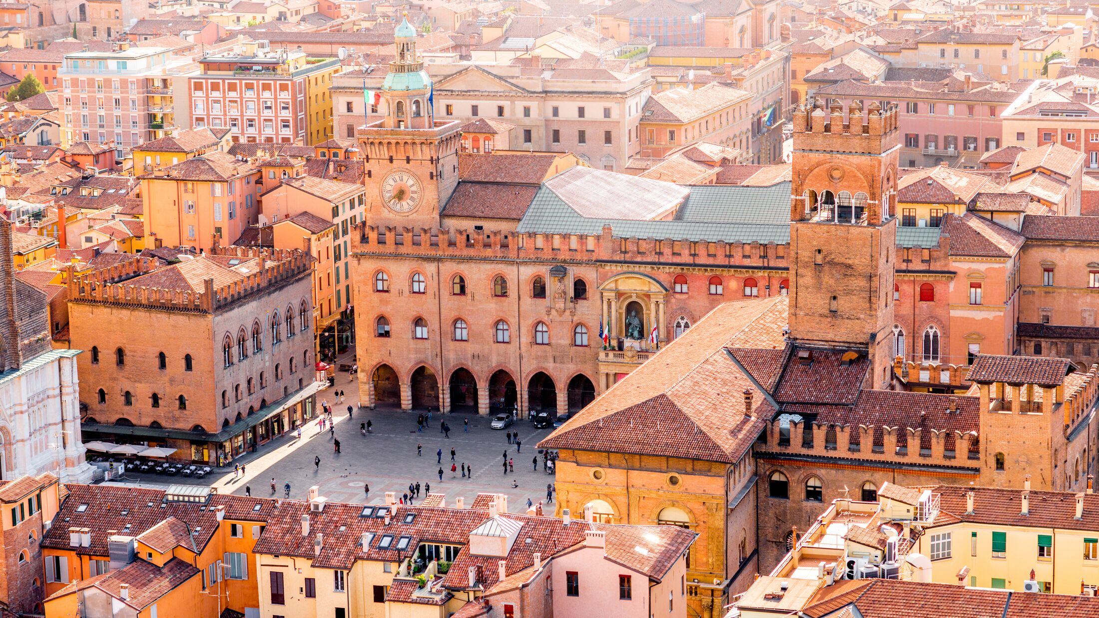 Aerial cityscape view from the tower on Bologna old town center with Maggiore square in Italy