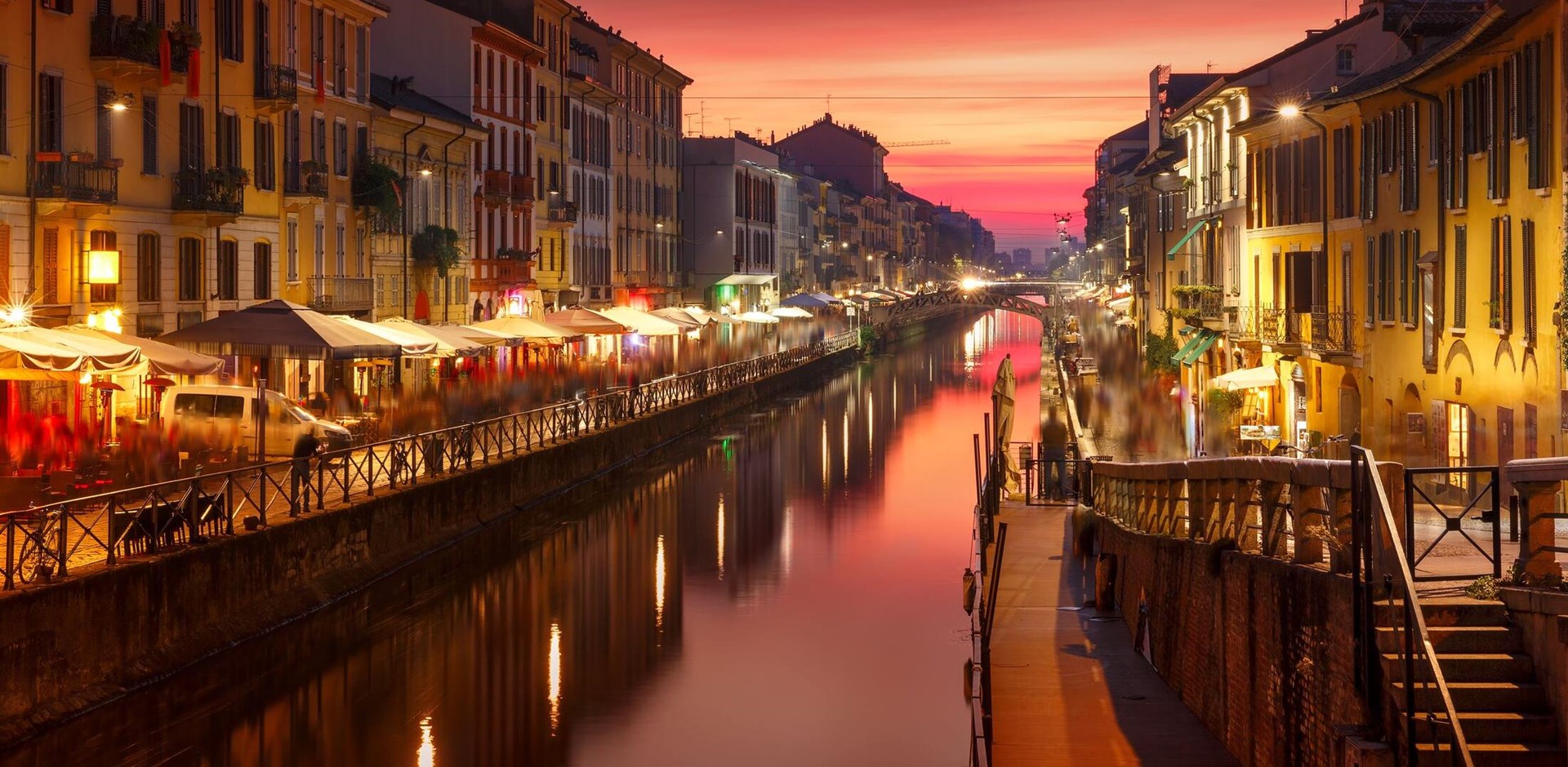 Bridge across the Naviglio Grande canal at sunset, Milan, Lombardia, Italy
