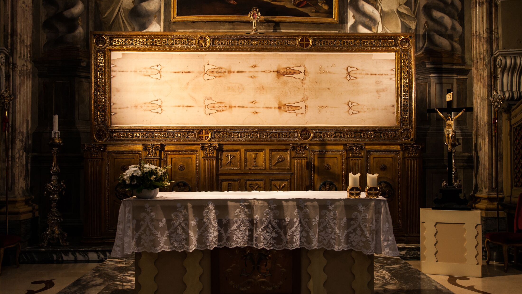 Detail of a copy of the Holy Shroud of Turin, Italy