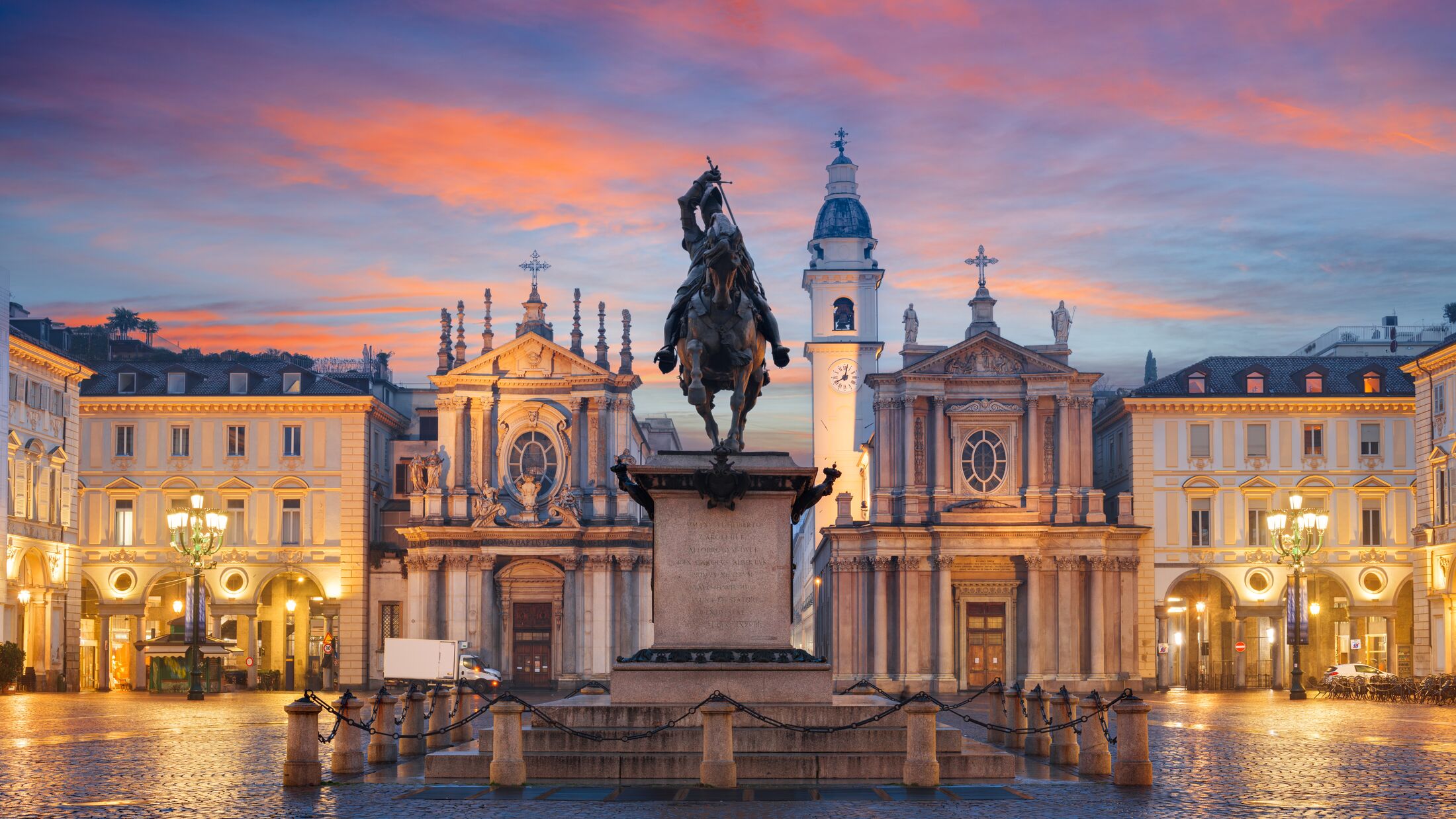 Turin, Italy at Piazza San Carlo during twilight.