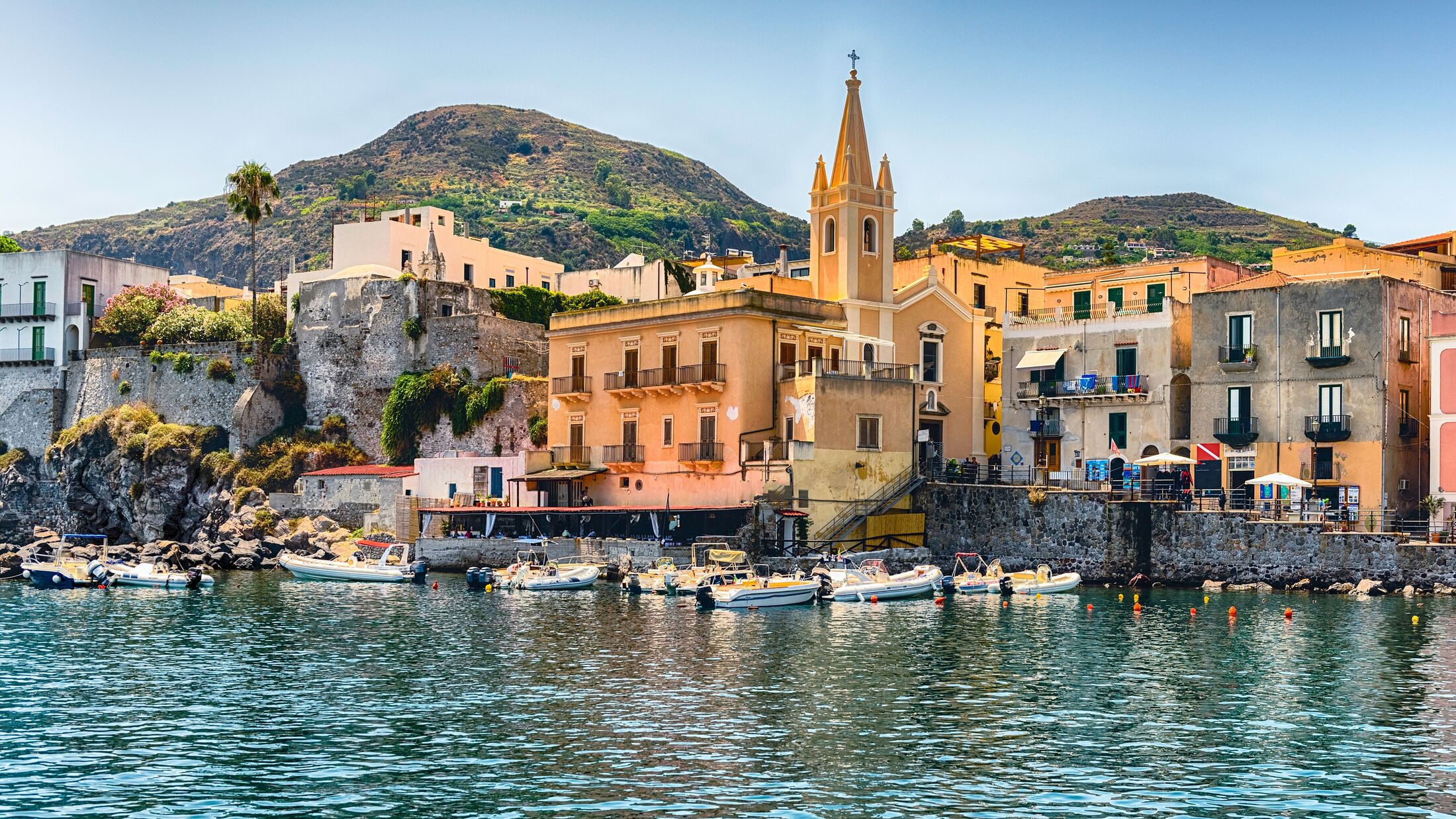 View of Marina Corta, smaller harbour in the main town of Lipari, the largest of the Aeolian Islands, Italy