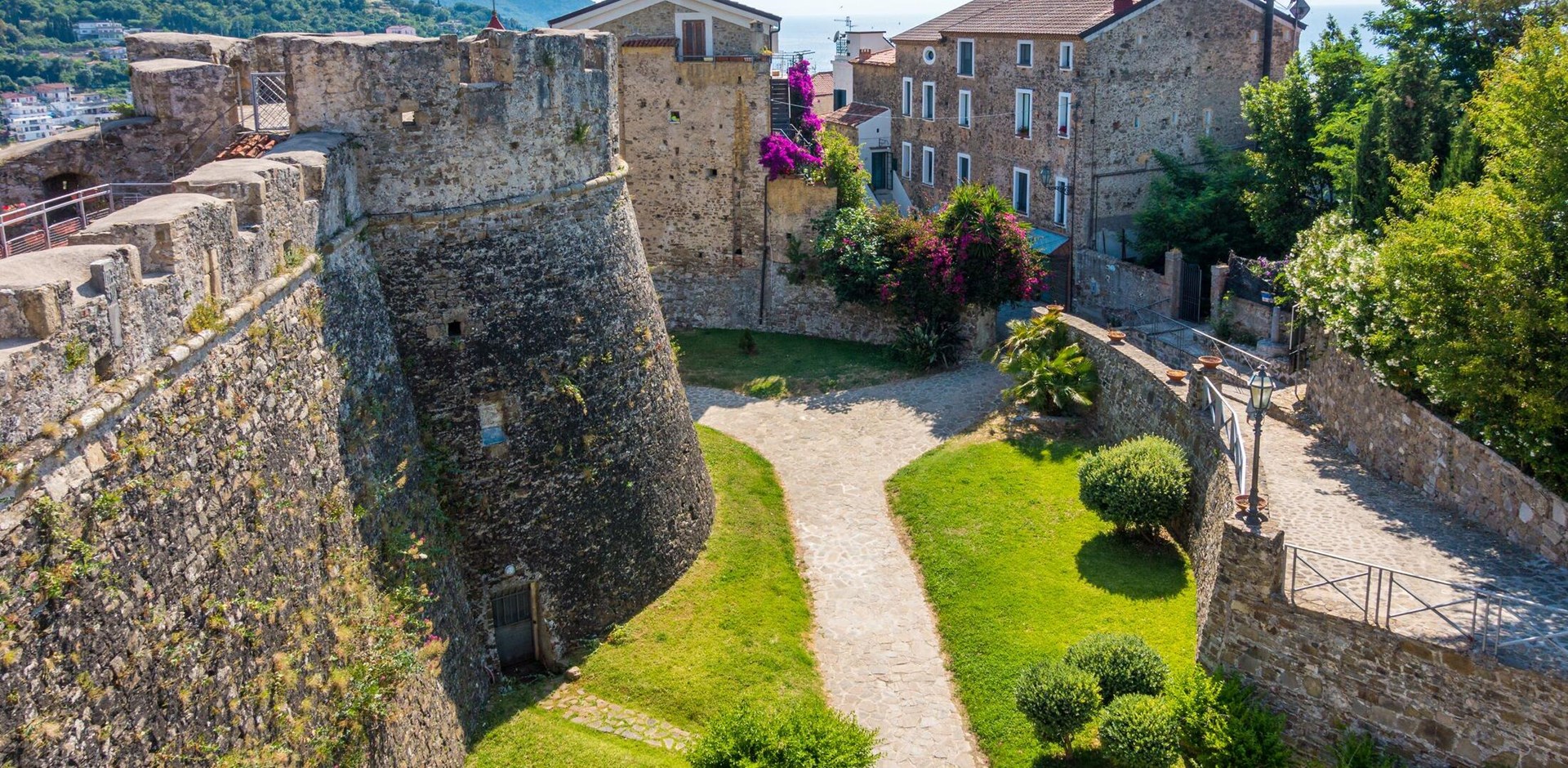 Scenic view with the Agropoli Castle on a sunny summer day. Salerno, Cilento, Campania, Italy.