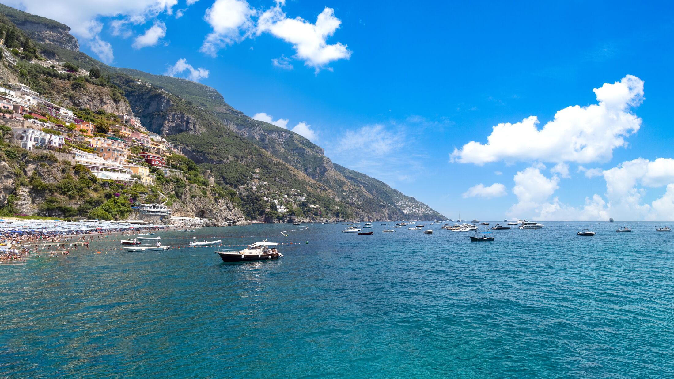 Scenic views of Positano Italian colorful architecture and landscapes on Amalfi Coast in Italy.