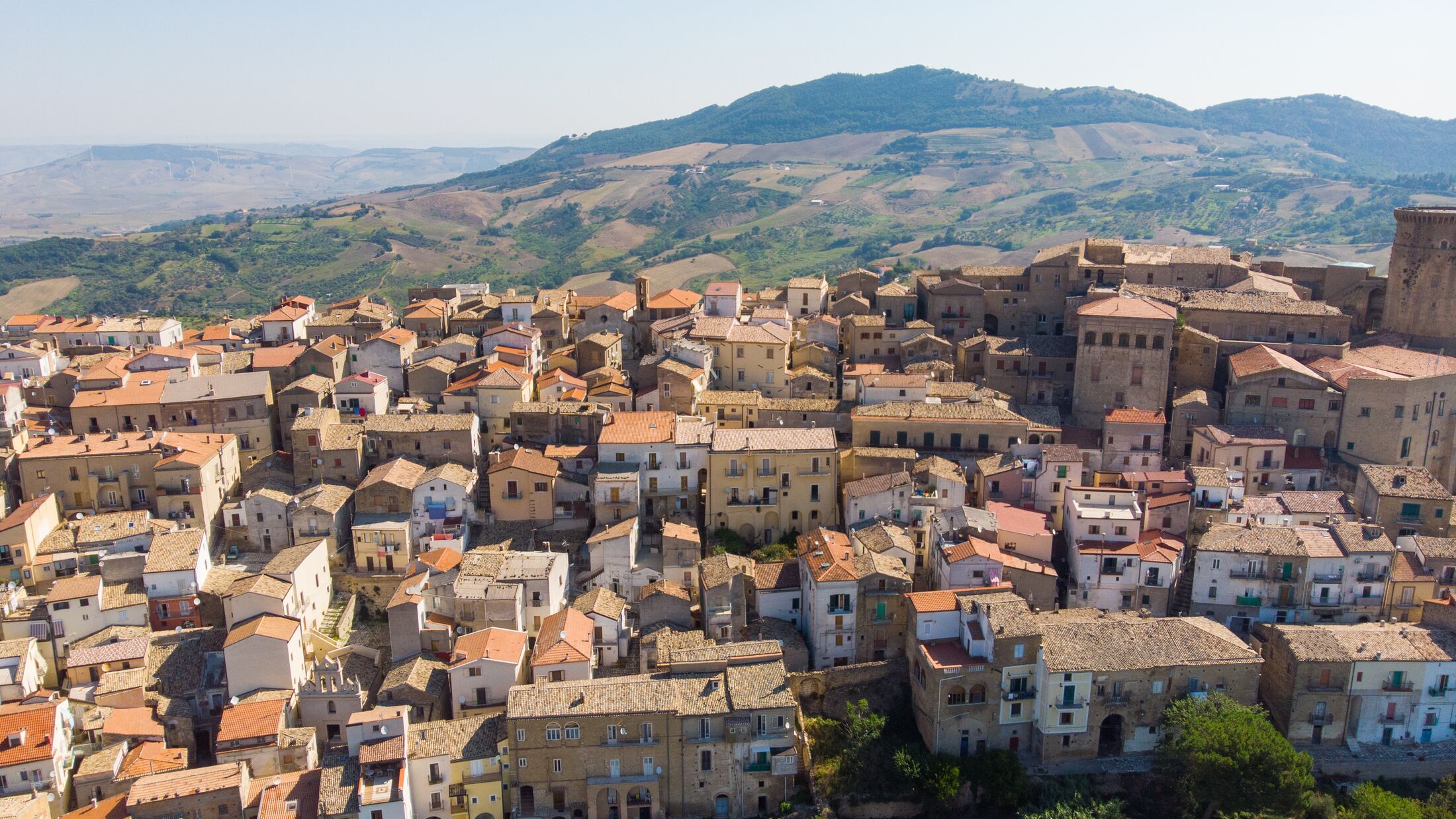 Tricarico town, province of Matera, Basilicata, southern Italy. It is home to one of the best preserved medieval historical centres in Italy. aerial view of tricarico with its Norman tower