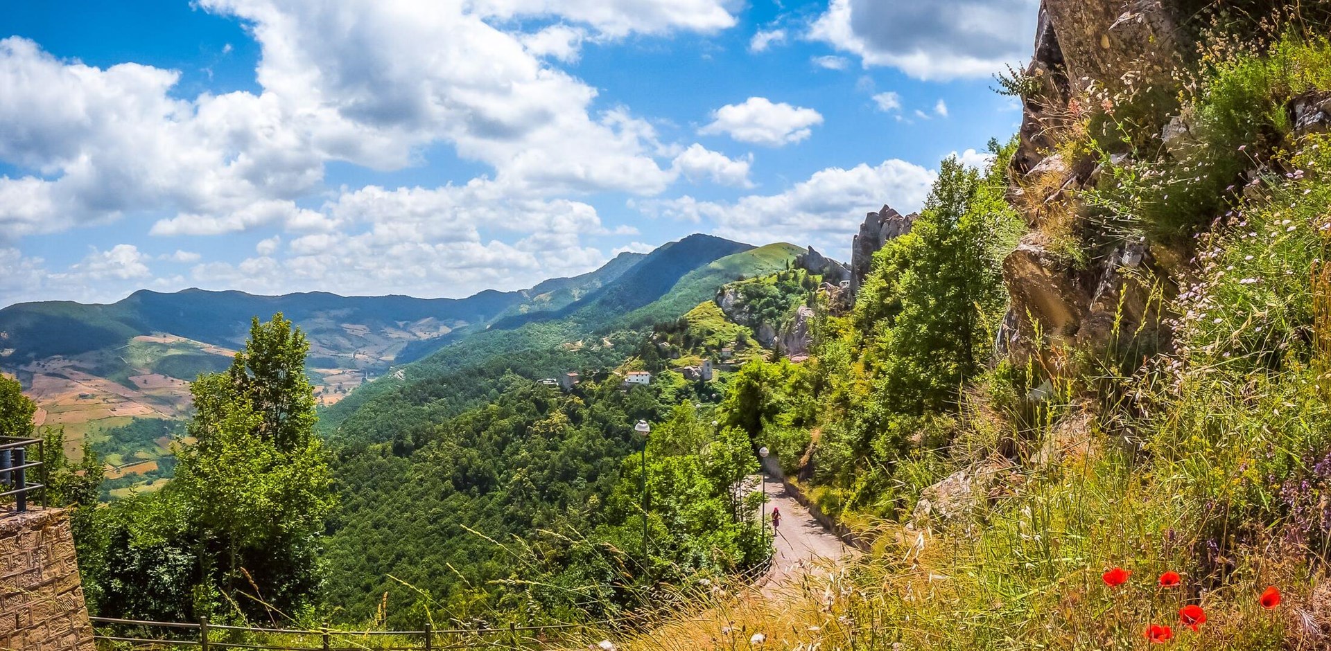 Panoramic view of the famous Lucan Dolomite mountains and historic Pietrapertosa, one of 'The most beautiful villages in Italy', in Basilicata, Italy