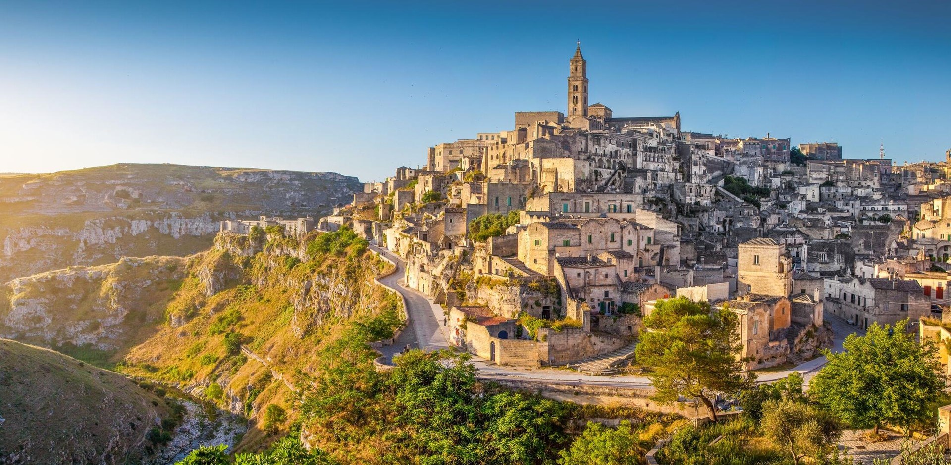 Panoramic view of ancient town of Matera (Sassi di Matera) at sunrise, Basilicata, southern Italy