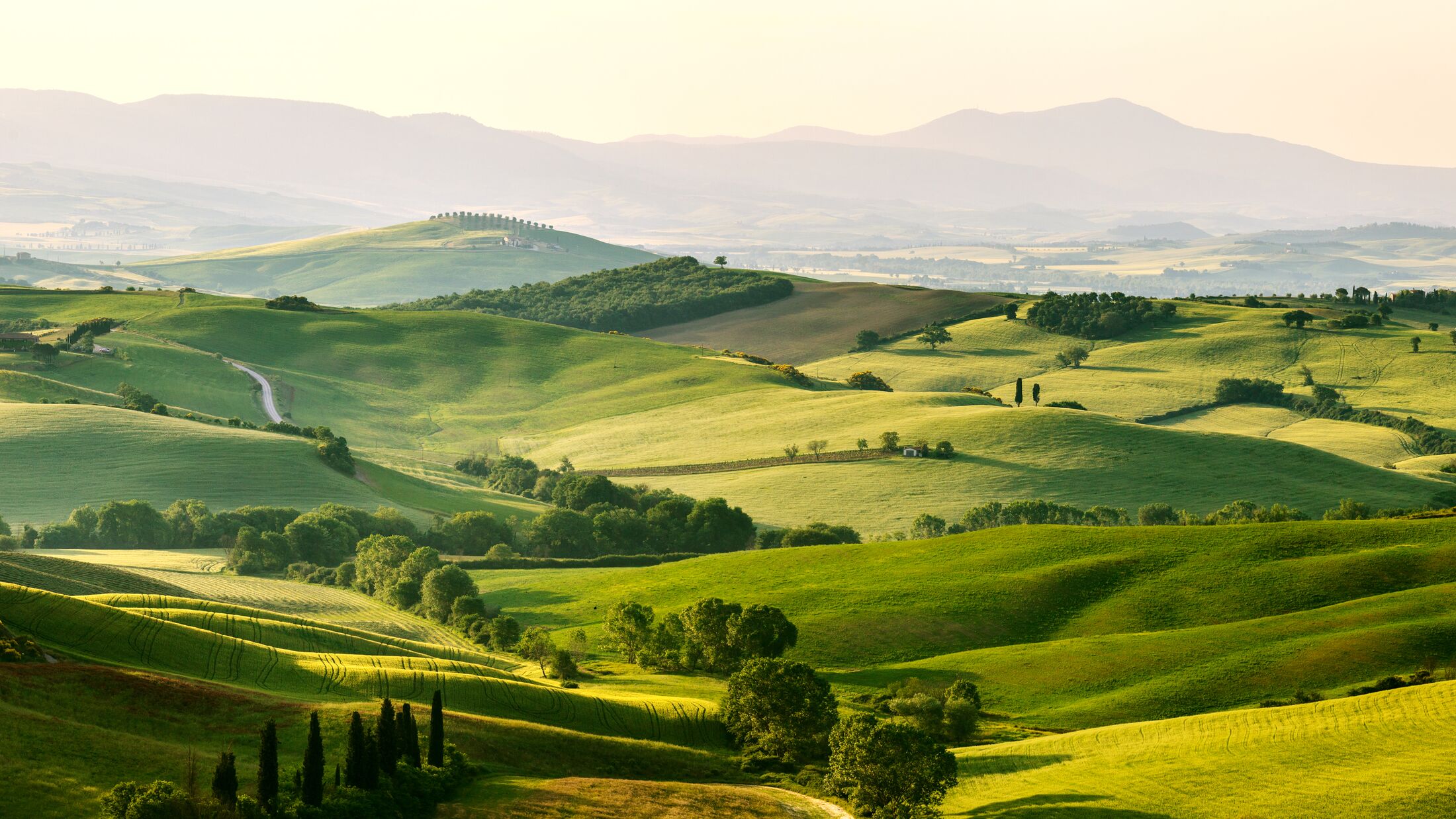 Beautiful and miraculous colors of green spring panorama landscape of Tuscany, Italy.