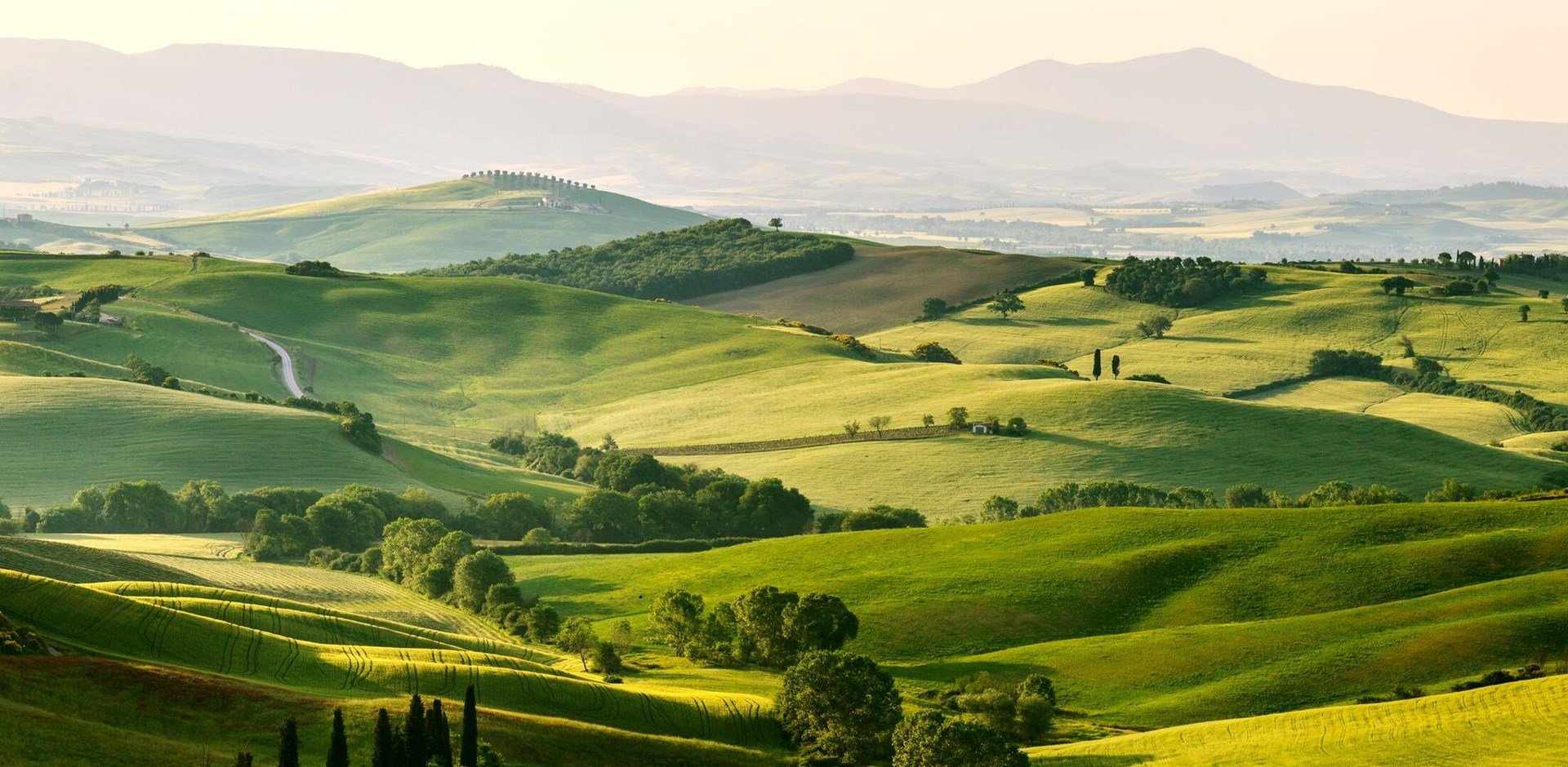 Beautiful and miraculous colors of green spring panorama landscape of Tuscany, Italy.