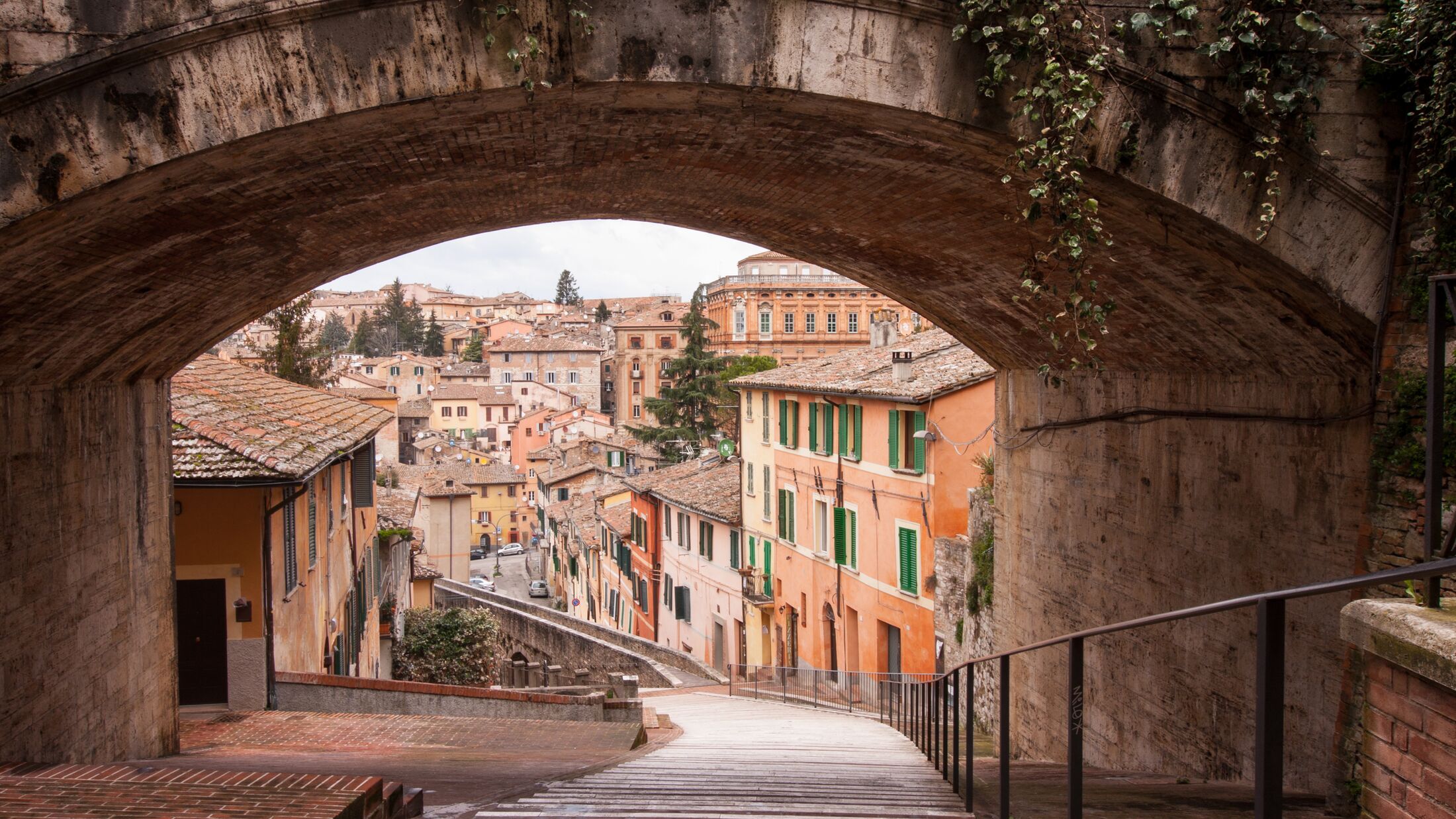 View of a 13th century acqueduct in Perugia, Umbria, Italy, Via Appia, Via Battisti.