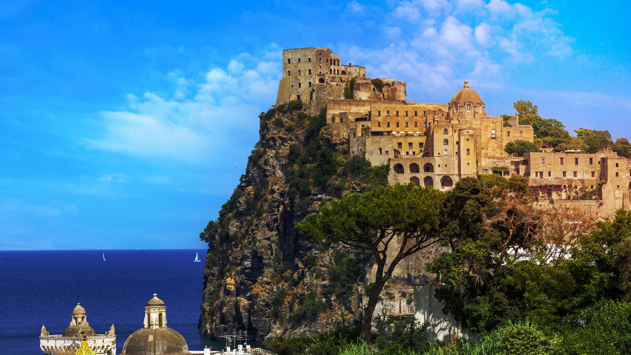 Italy, scenic medieval Aragon castle, Aragonese Castle om Ischia island near Naples.